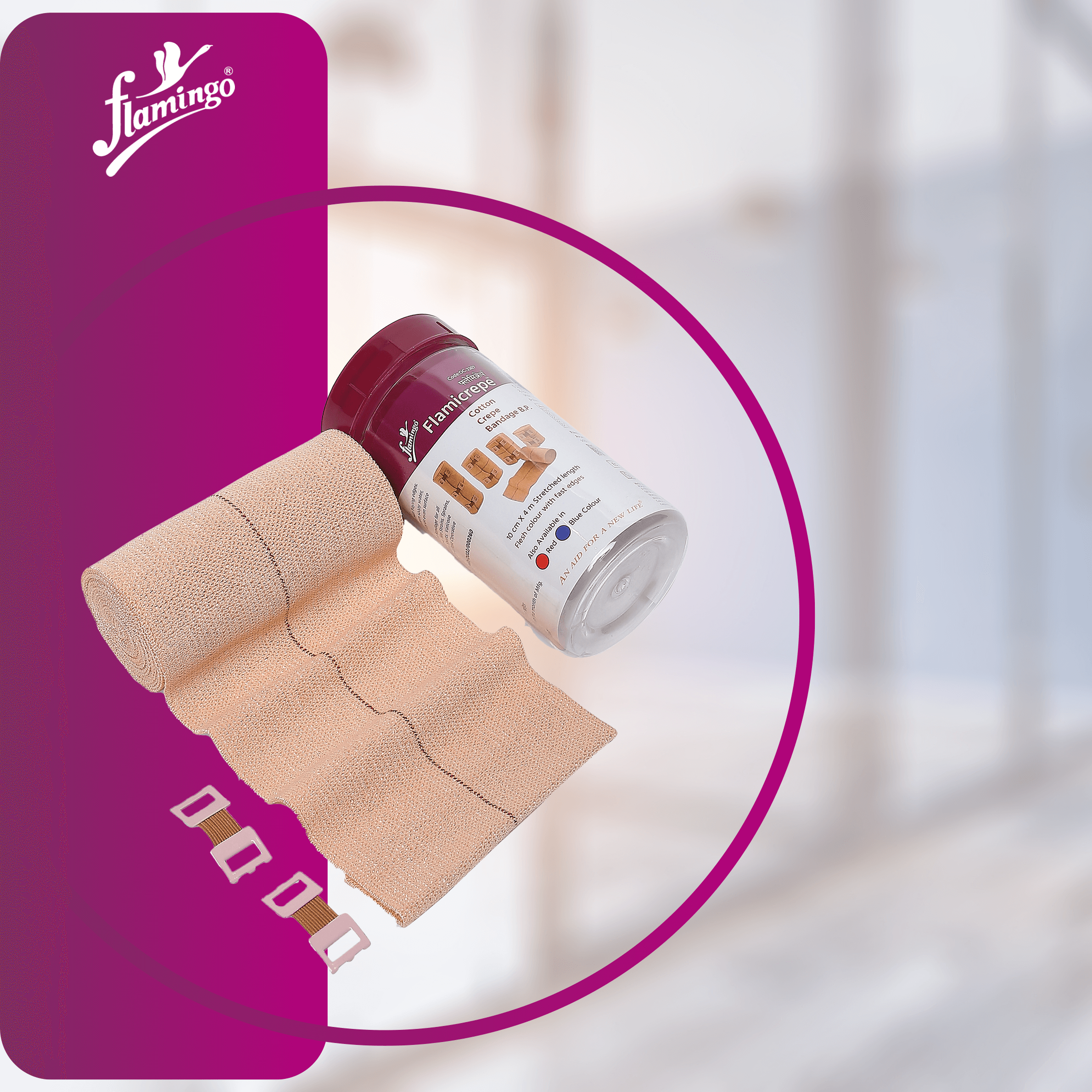 Flamicrepe, Flamingo bandages, orthopedic bandages, compression bandages, medical bandages, reusable bandages, washable bandage, breathable bandage, muscle strain bandage, post-surgery bandage, cotton bandage, viscose bandage, injury recovery bandage.