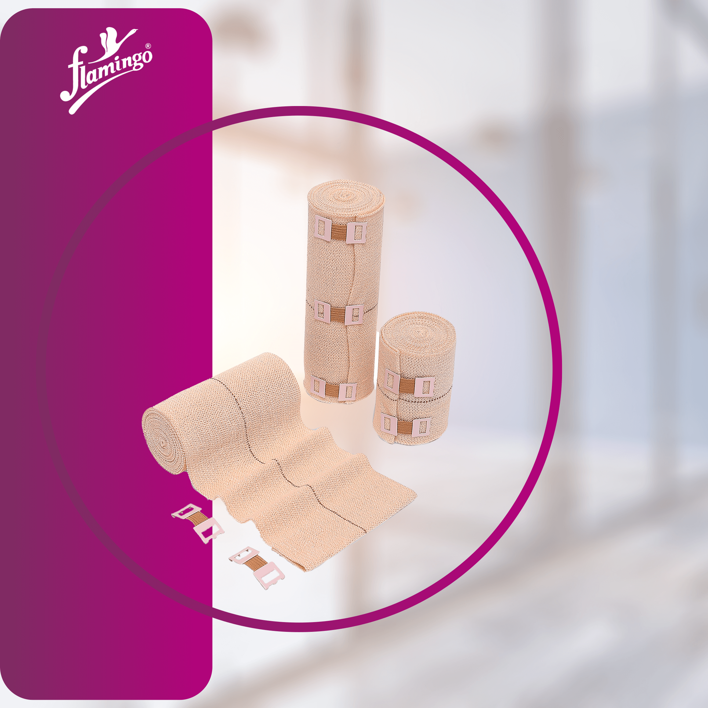 Flamicrepe, Flamingo bandages, orthopedic bandages, compression bandages, medical bandages, reusable bandages, washable bandage, breathable bandage, muscle strain bandage, post-surgery bandage, cotton bandage, viscose bandage, injury recovery bandage.