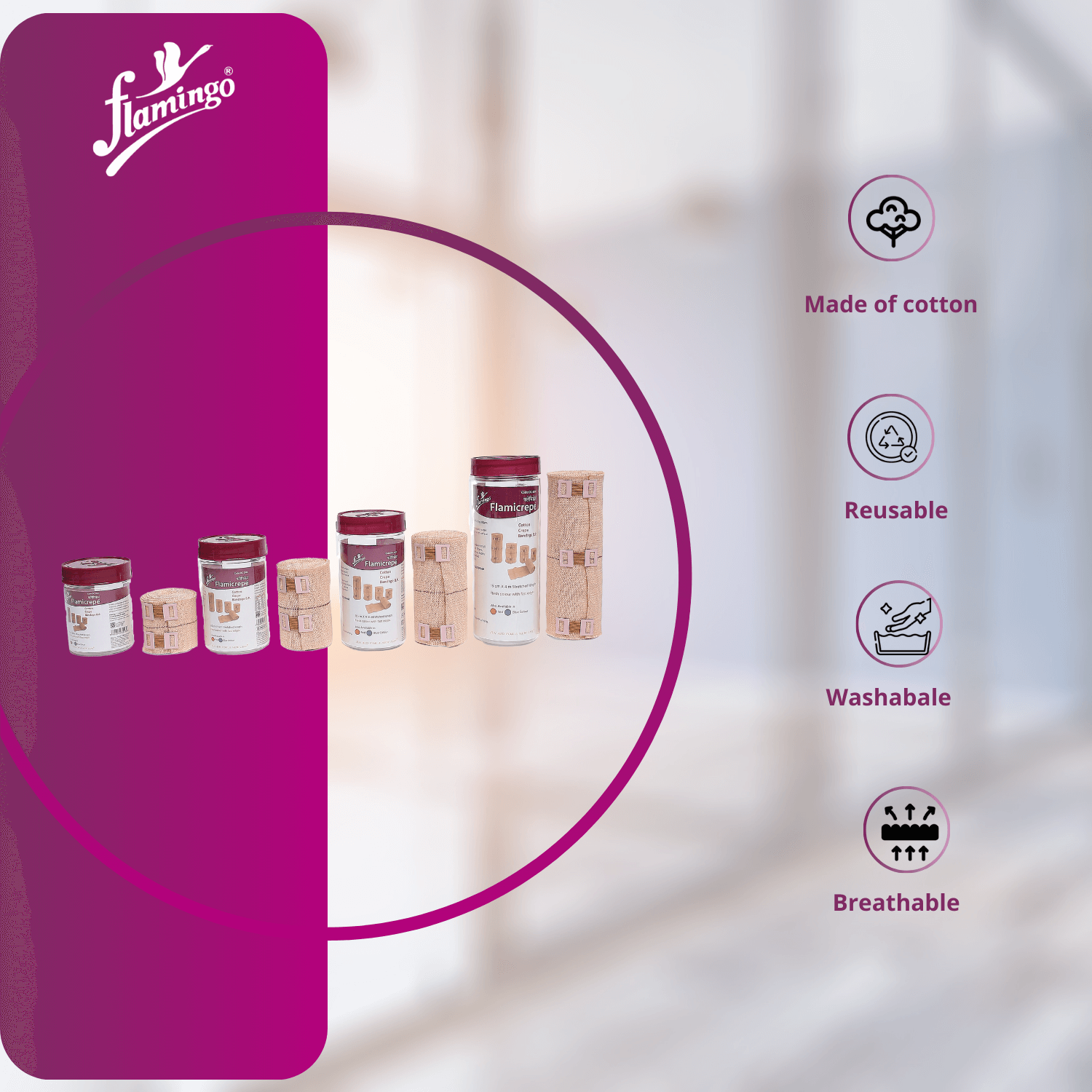 Flamicrepe, Flamingo bandages, orthopedic bandages, compression bandages, medical bandages, reusable bandages, washable bandage, breathable bandage, muscle strain bandage, post-surgery bandage, cotton bandage, viscose bandage, injury recovery bandage.