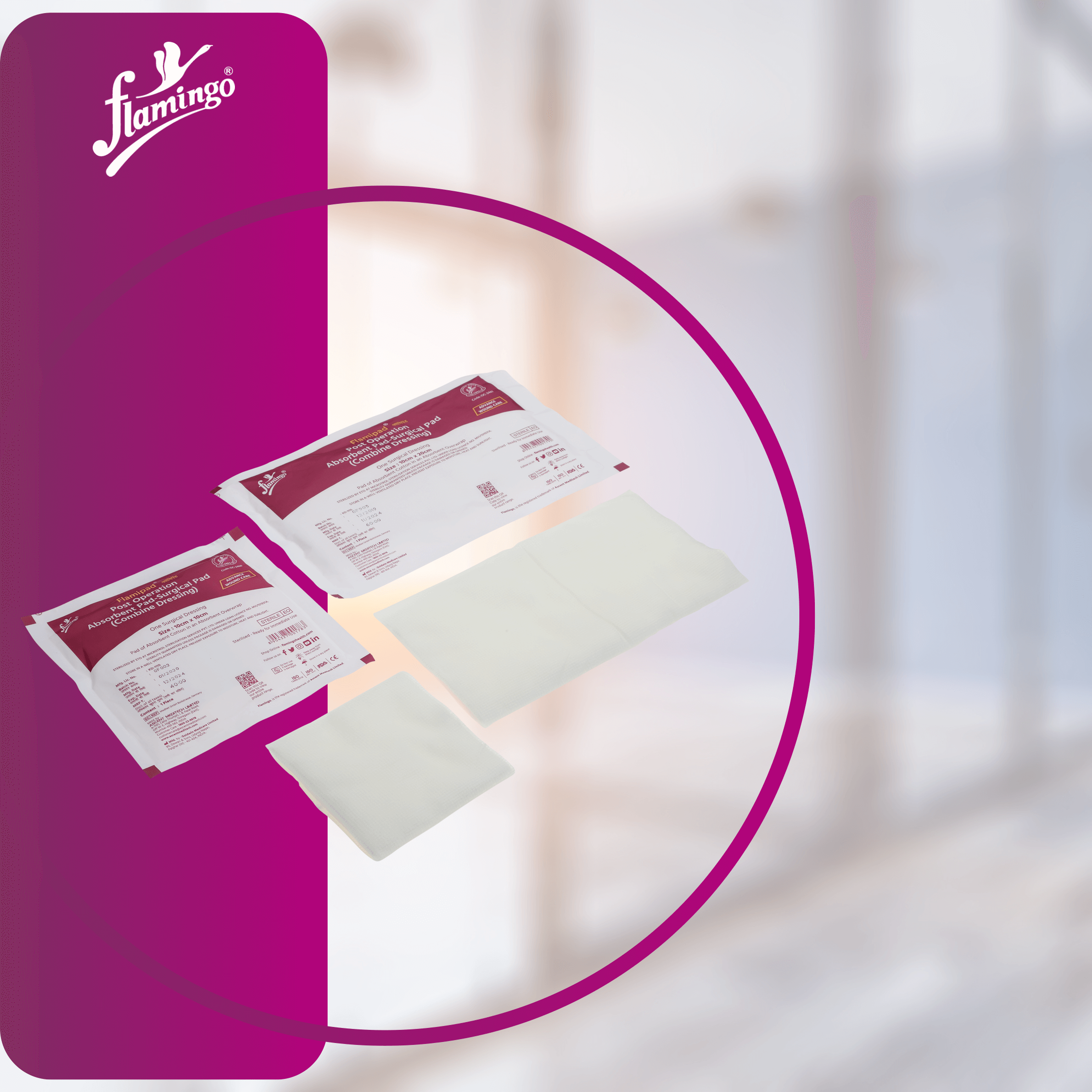 Flamipad, absorbent pad, post-surgery pad, cotton absorbent pad, wound care pad, sterilized absorbent pad, moisture management pad.