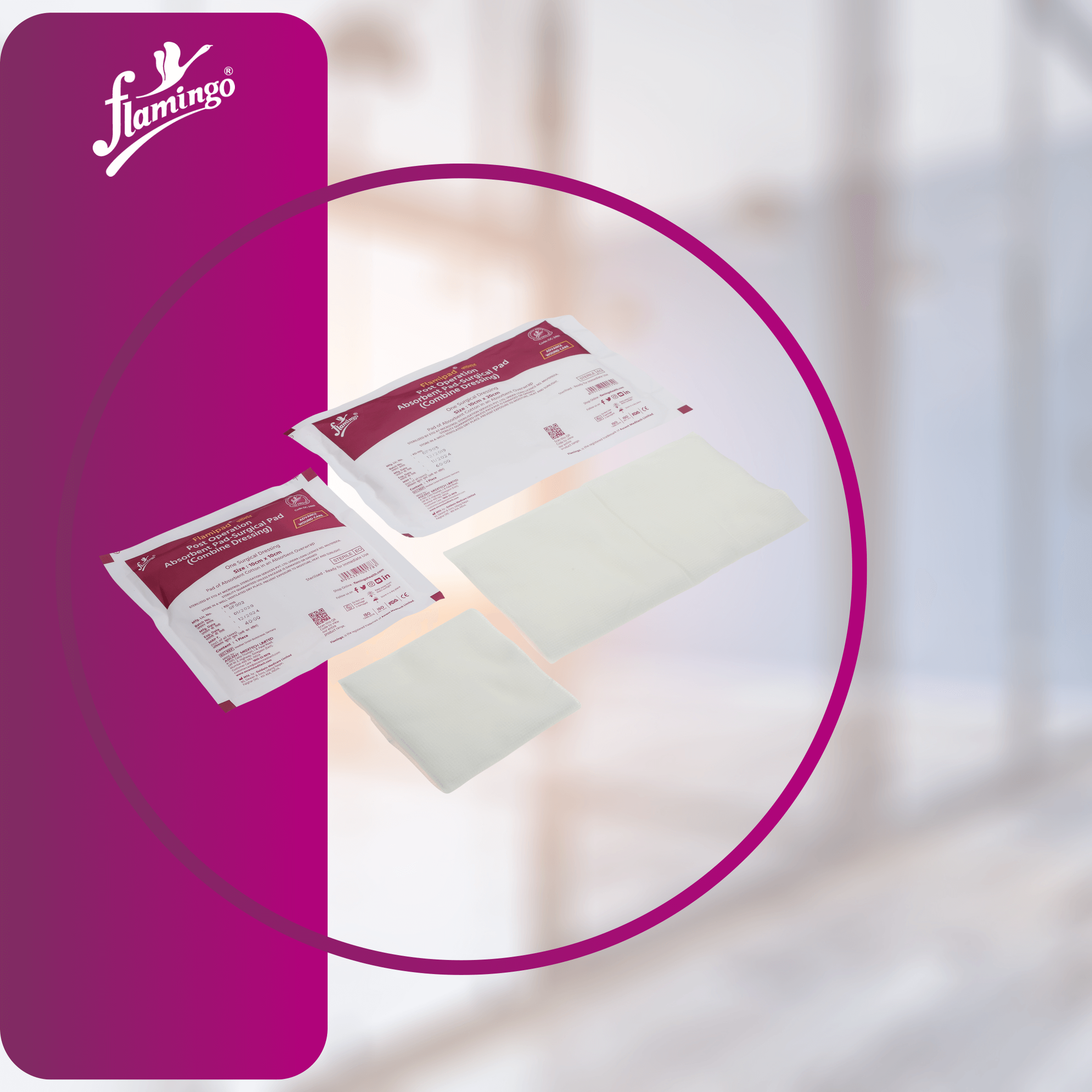 Flamipad, absorbent pad, post-surgery pad, cotton absorbent pad, wound care pad, sterilized absorbent pad, moisture management pad.