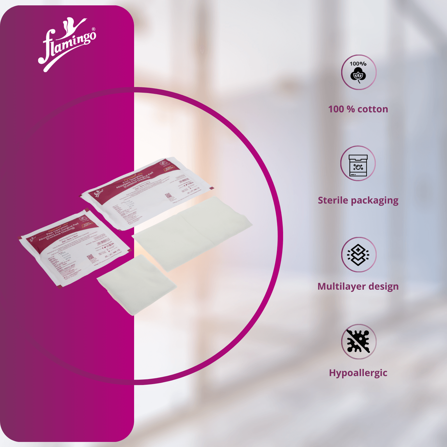 Flamipad, absorbent pad, post-surgery pad, cotton absorbent pad, wound care pad, sterilized absorbent pad, moisture management pad.