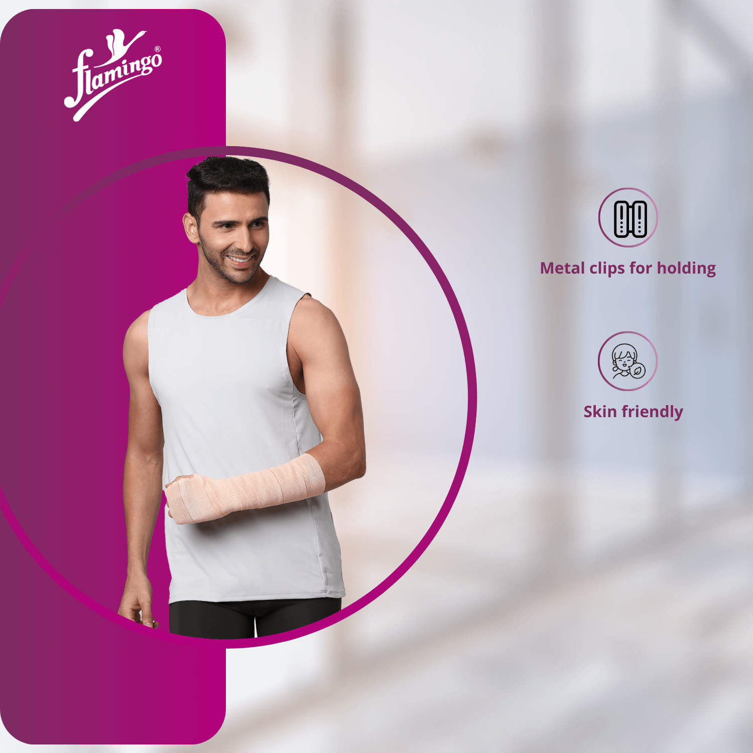 Flamicrepe, Flamingo bandages, orthopedic bandages, compression bandages, medical bandages, reusable bandages, washable bandage, breathable bandage, muscle strain bandage, post-surgery bandage, cotton bandage, viscose bandage, injury recovery bandage.