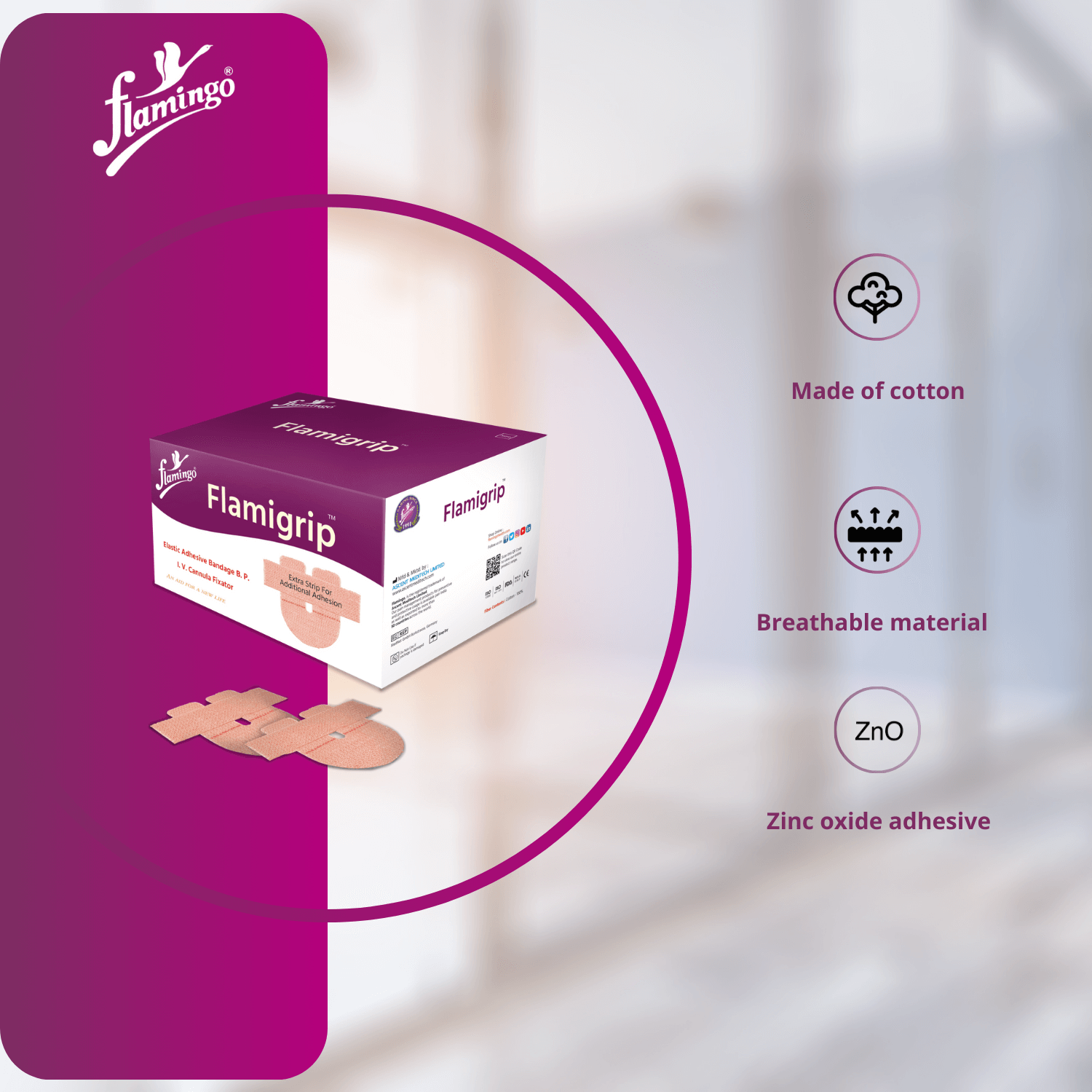 Flamigrip, I.V. cannula bandage, adhesive bandage, medical tape, secure I.V. bandage, cotton bandage, soft bandage, elastic bandage, I.V. fixation tape.