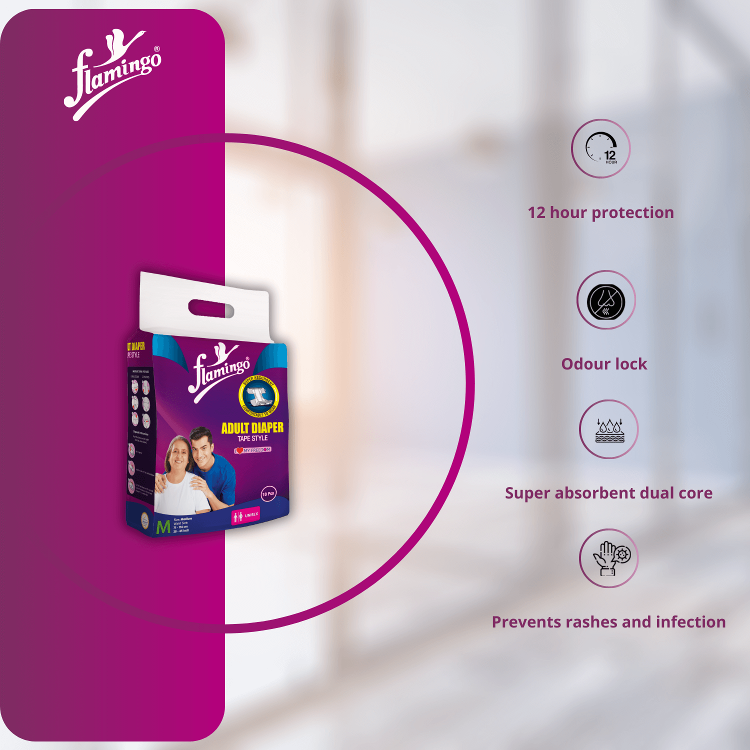 Tape style adult diapers, adjustable fit diaper, leak protection for adults, incontinence care, wetness indicator diaper, dual-core absorption