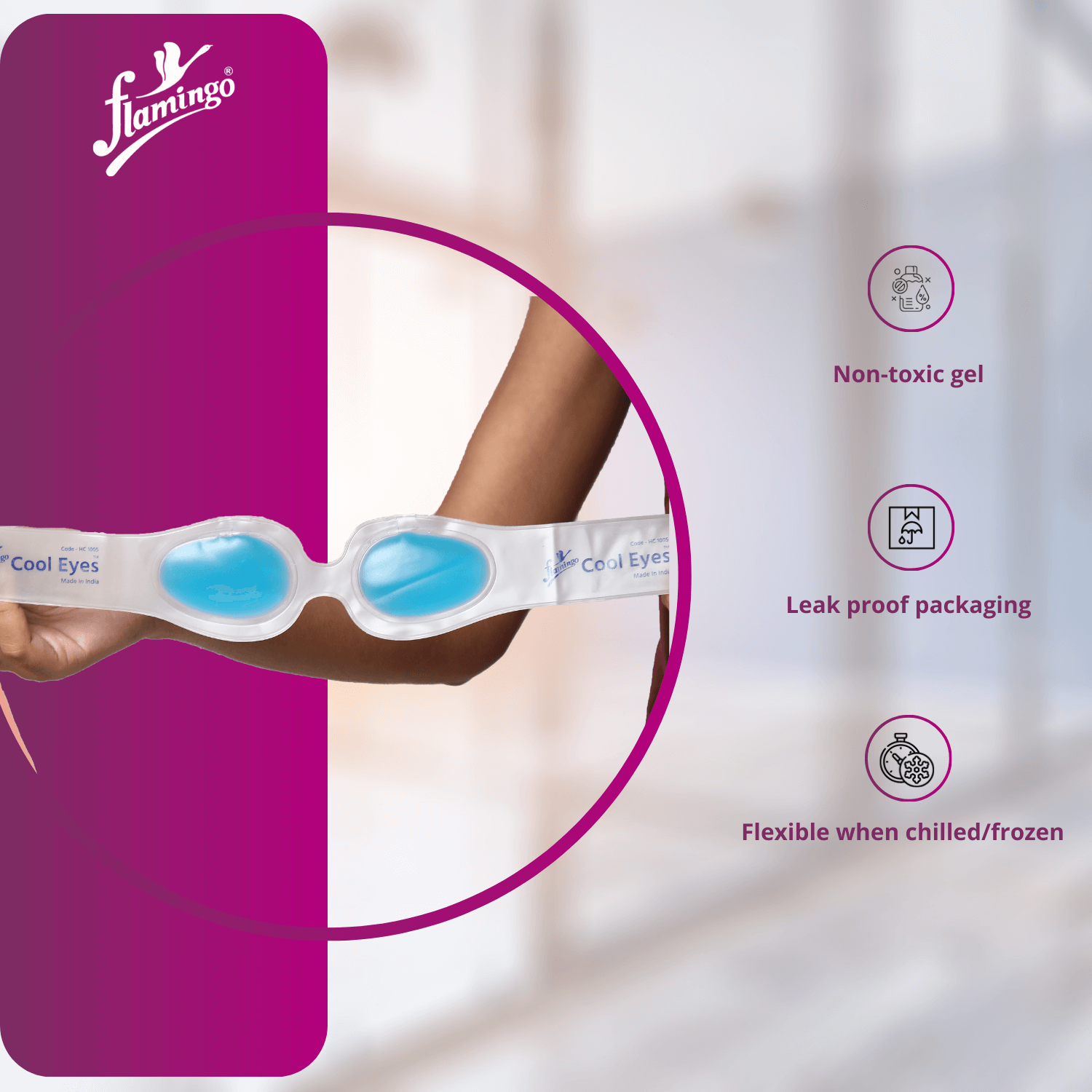 Flamingo Cool Eyes, eye cooling mask, cold therapy for eyes, reduce eye strain, soothe tired eyes, sinus relief eye mask, non-toxic gel cooling mask, adjustable eye mask