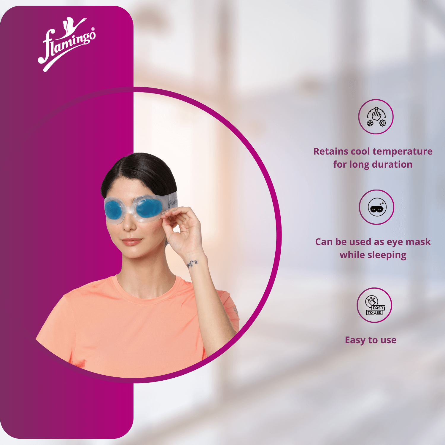 Flamingo Cool Eyes, eye cooling mask, cold therapy for eyes, reduce eye strain, soothe tired eyes, sinus relief eye mask, non-toxic gel cooling mask, adjustable eye mask