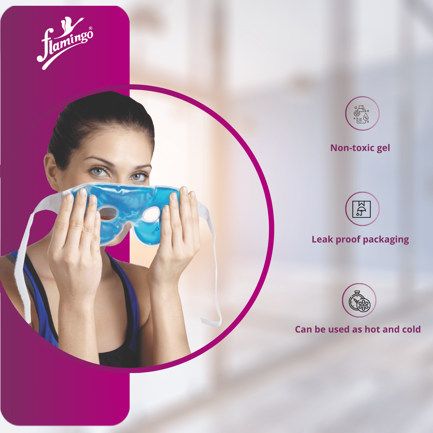 Flamingo Hot and Cold Eyes Mask, hot and cold eye mask, sinus relief mask, cold therapy for eyes, eye mask for puffiness, tension headache mask, rejuvenating eye mask, non-toxic gel eye mask.