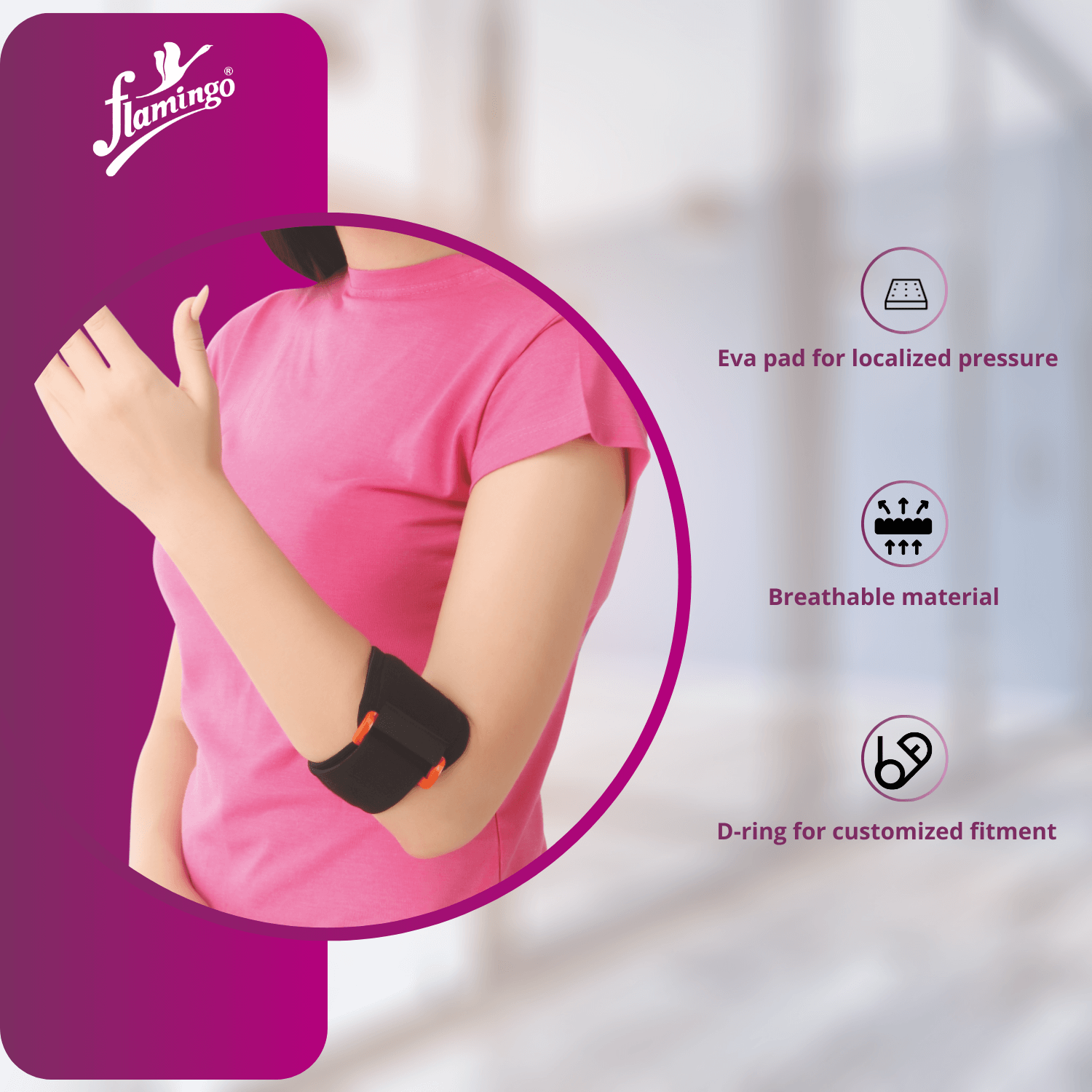 Flamingo Tennis Elbow Support with Pressure Pad, tennis elbow pain relief, golfer's elbow compression, pressure pad elbow support, elbow injury support, adjustable elbow brace.