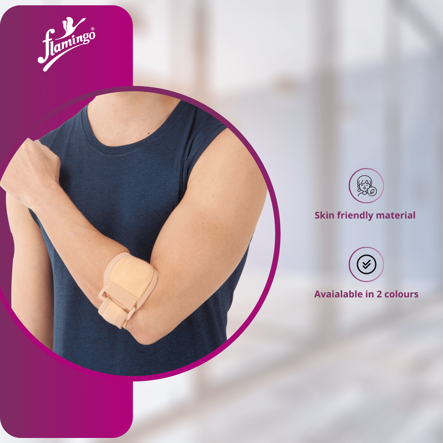 Flamingo Tennis Elbow Support with Pressure Pad, tennis elbow pain relief, golfer's elbow compression, pressure pad elbow support, elbow injury support, adjustable elbow brace.