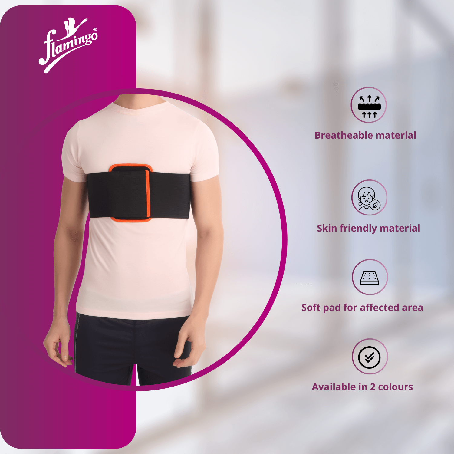 Flamingo Rib Chest Belt, rib support chest belt, sternum fracture support, post-surgery rib belt, adjustable chest support, rib dislocation stabilization, elastic rib belt.