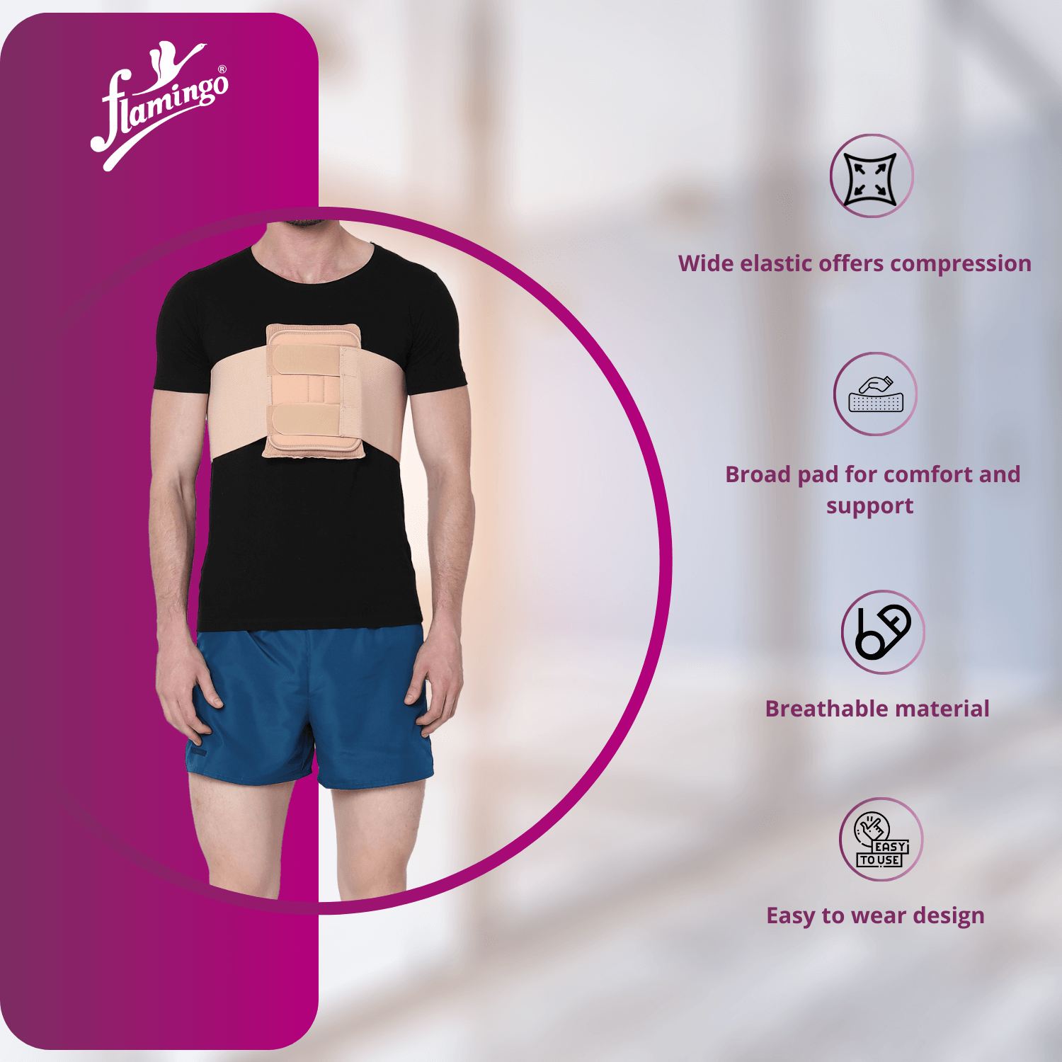 Flamingo Sternal Splint, sternum support, rib cage management, post-surgical recovery splint, soft foam chest wrap, adjustable sternum splint.