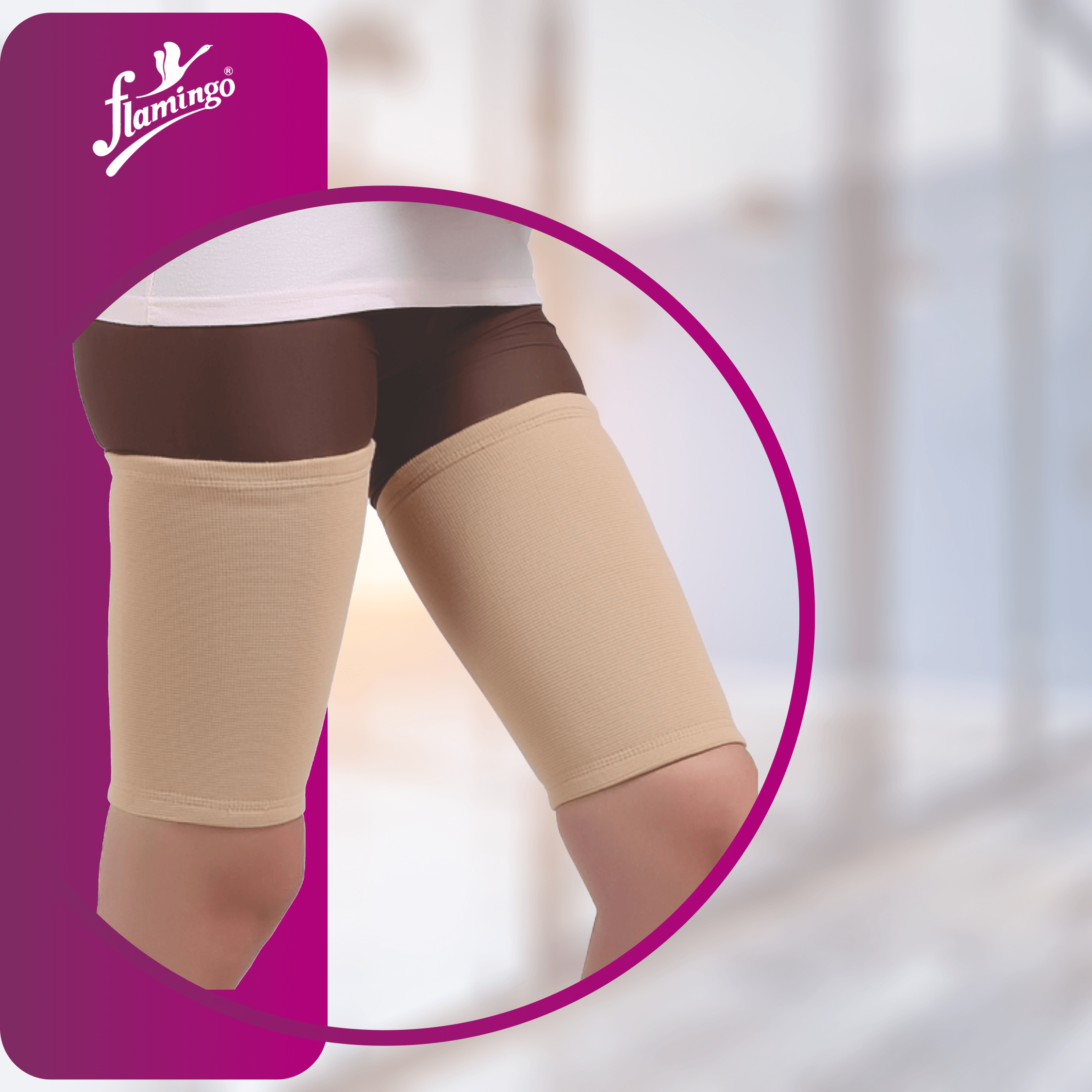 Flamingo Thigh Support Pair, thigh compression, muscle fatigue relief, hamstring support, muscle injury recovery, compression for thigh strain, stretch knit fabric.