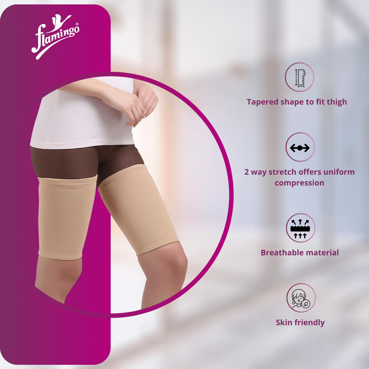 Flamingo Thigh Support Pair, thigh compression, muscle fatigue relief, hamstring support, muscle injury recovery, compression for thigh strain, stretch knit fabric.