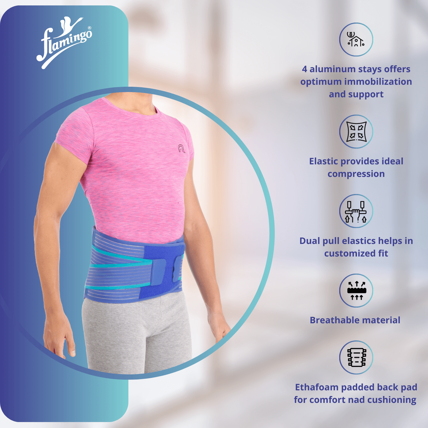 Flamingo Premium Lumbar Sacro Support, lumbar support, back support, lower back pain relief, post-surgery lumbar brace, sacral support, compression back brace.