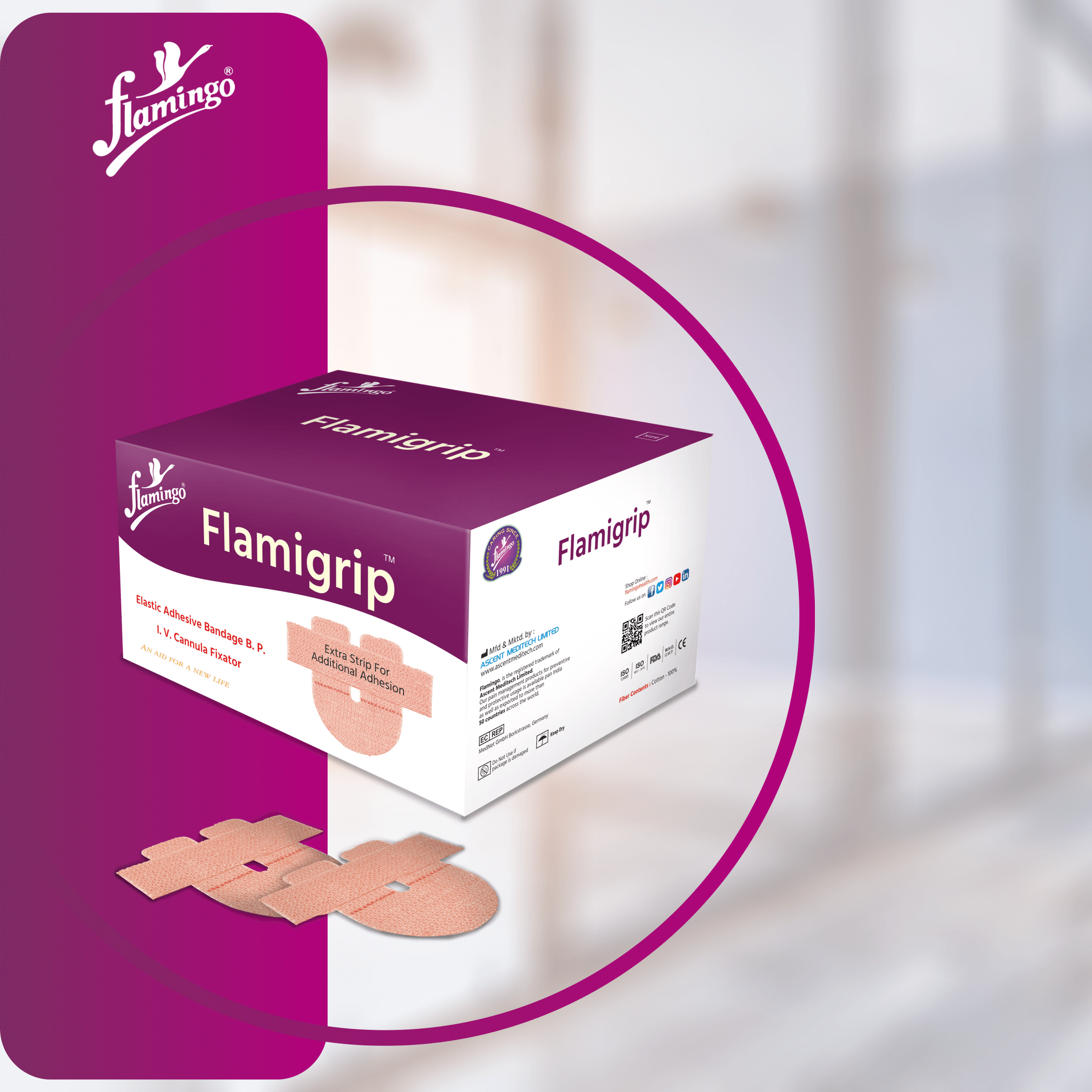 Flamigrip, I.V. cannula bandage, adhesive bandage, medical tape, secure I.V. bandage, cotton bandage, soft bandage, elastic bandage, I.V. fixation tape.