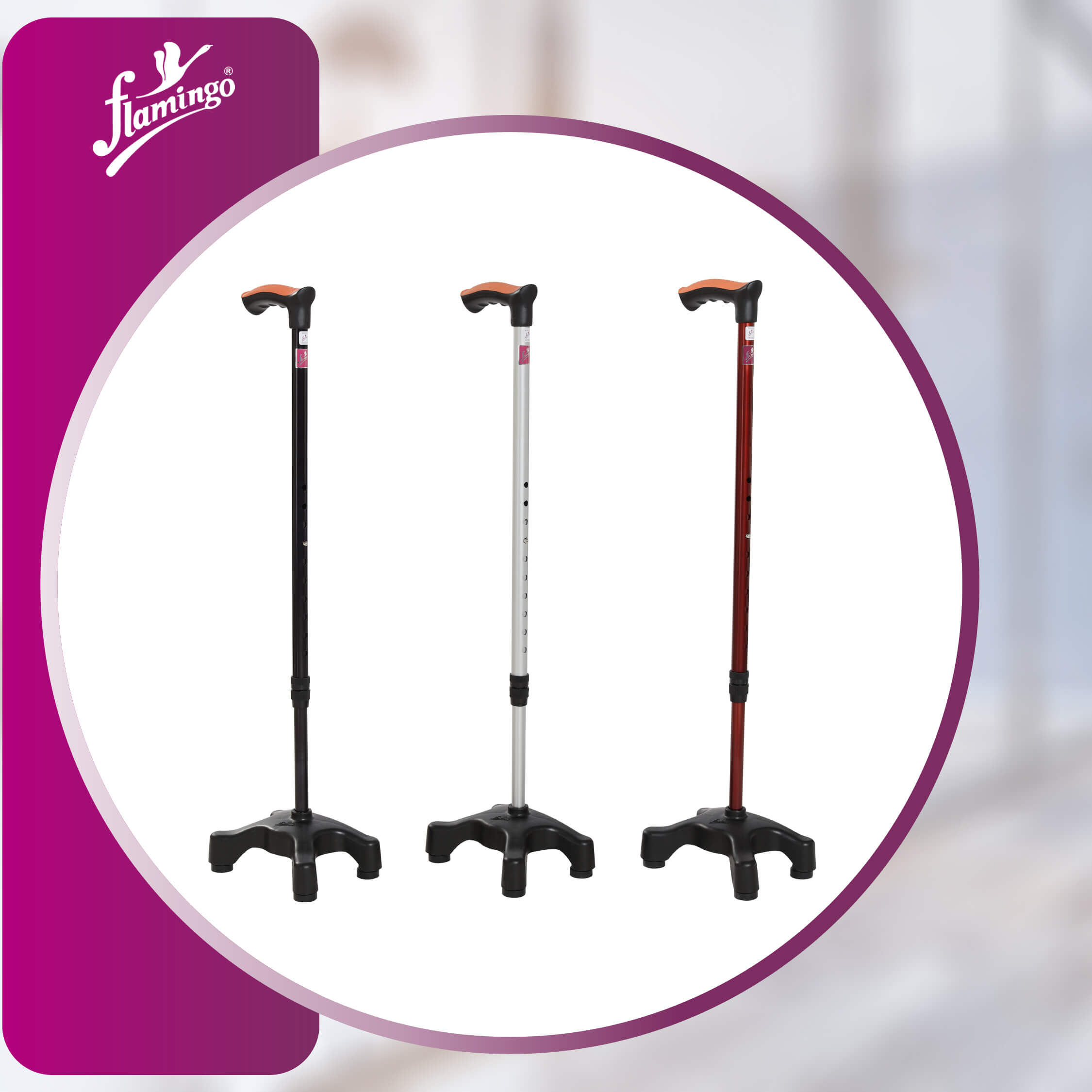 Flamingo quadripod walking stick
mobility support
ergonomic walking stick
quadra base cane
adjustable height walking cane
stable walking stick
anti-slip cane
mobility aid for balance
durable walking cane
universal walking stick
walking aid for seniors
four-point walking stick
anodized aluminum walking cane