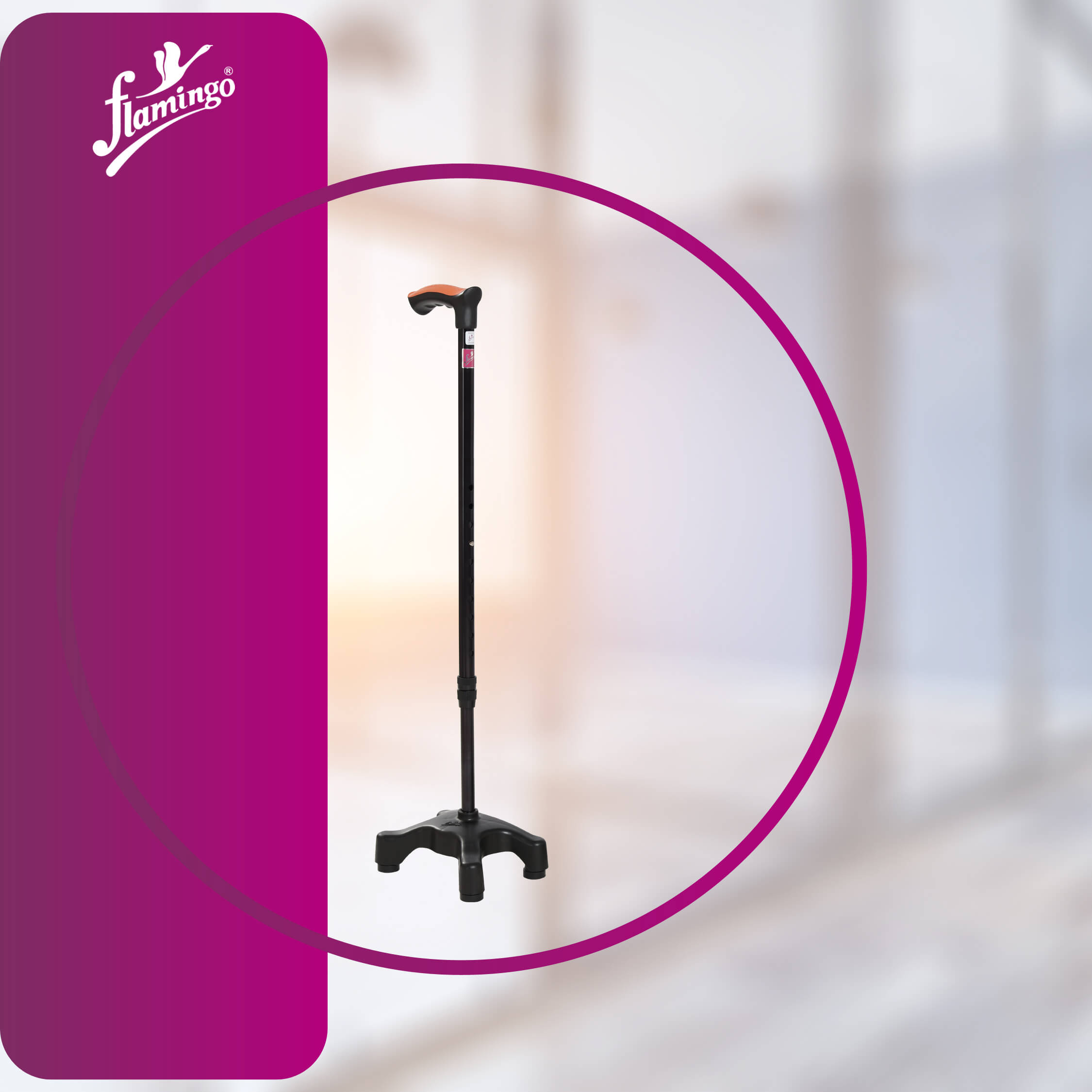 Flamingo quadripod walking stick
mobility support
ergonomic walking stick
quadra base cane
adjustable height walking cane
stable walking stick
anti-slip cane
mobility aid for balance
durable walking cane
universal walking stick
walking aid for seniors
four-point walking stick
anodized aluminum walking cane