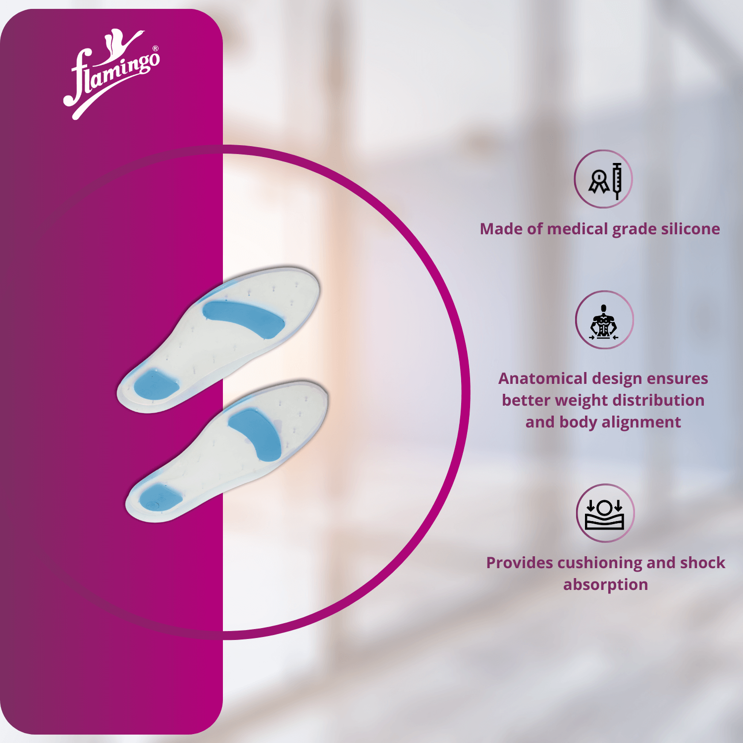Flamingo Silicone Foot Insole, foot support insole, diabetic foot care, shock-absorbing insole, silicone insole, arch support.