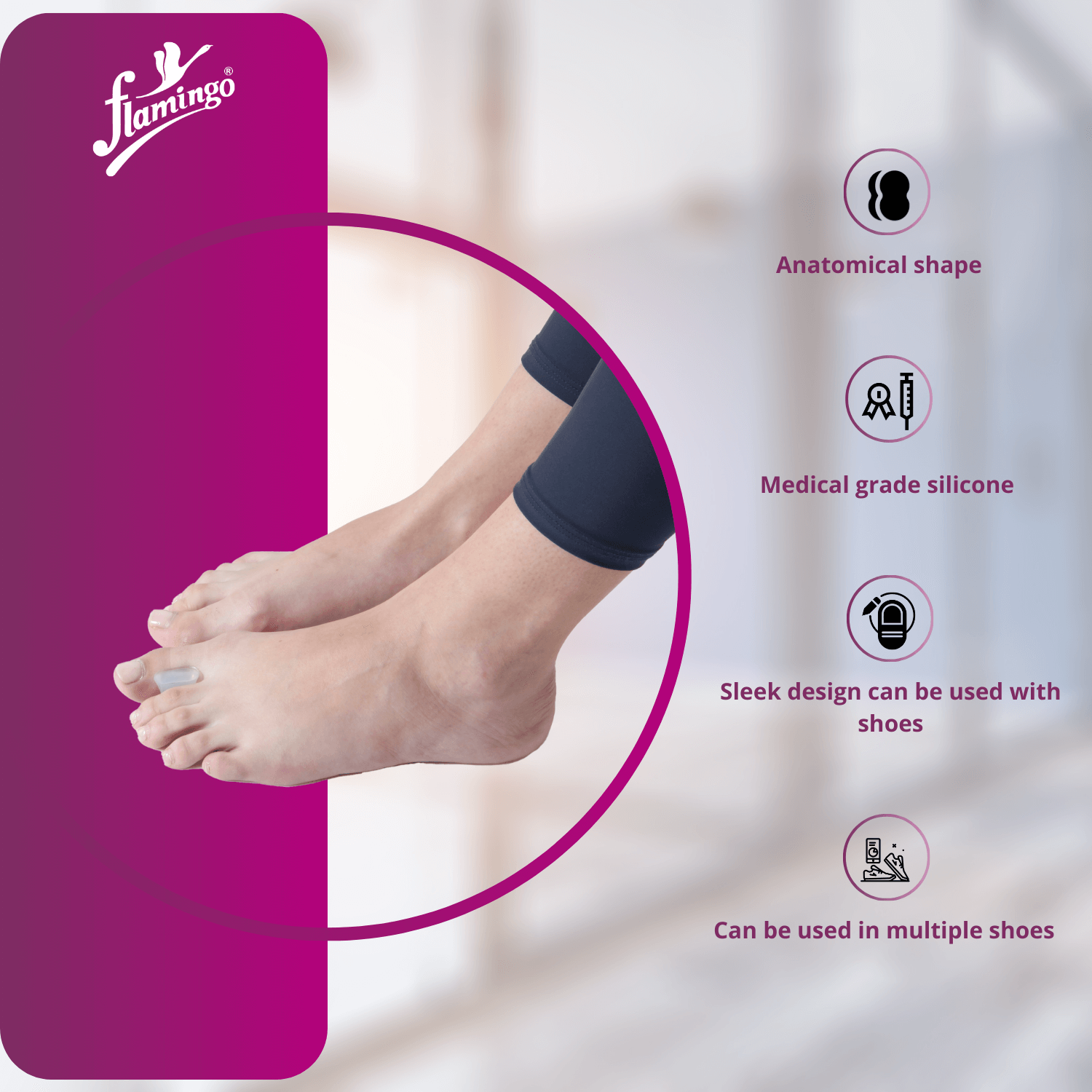 Flamingo Toe Separators, bunion relief, overlapping toes solution, toe alignment, silicone toe separator, reusable toe support.