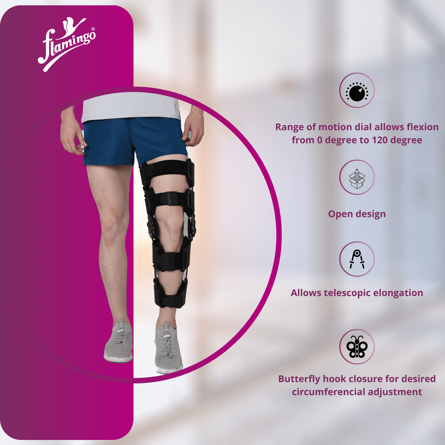 Flamingo R.O.M. Knee Brace, knee joint support brace, post-surgery knee brace, knee ligament brace, adjustable knee support, range of motion knee brace, firm knee support.