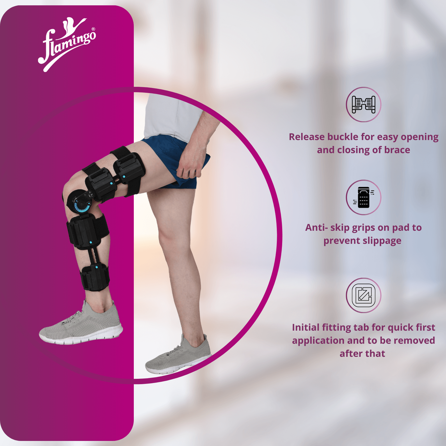Flamingo R.O.M. Knee Brace, knee joint support brace, post-surgery knee brace, knee ligament brace, adjustable knee support, range of motion knee brace, firm knee support.