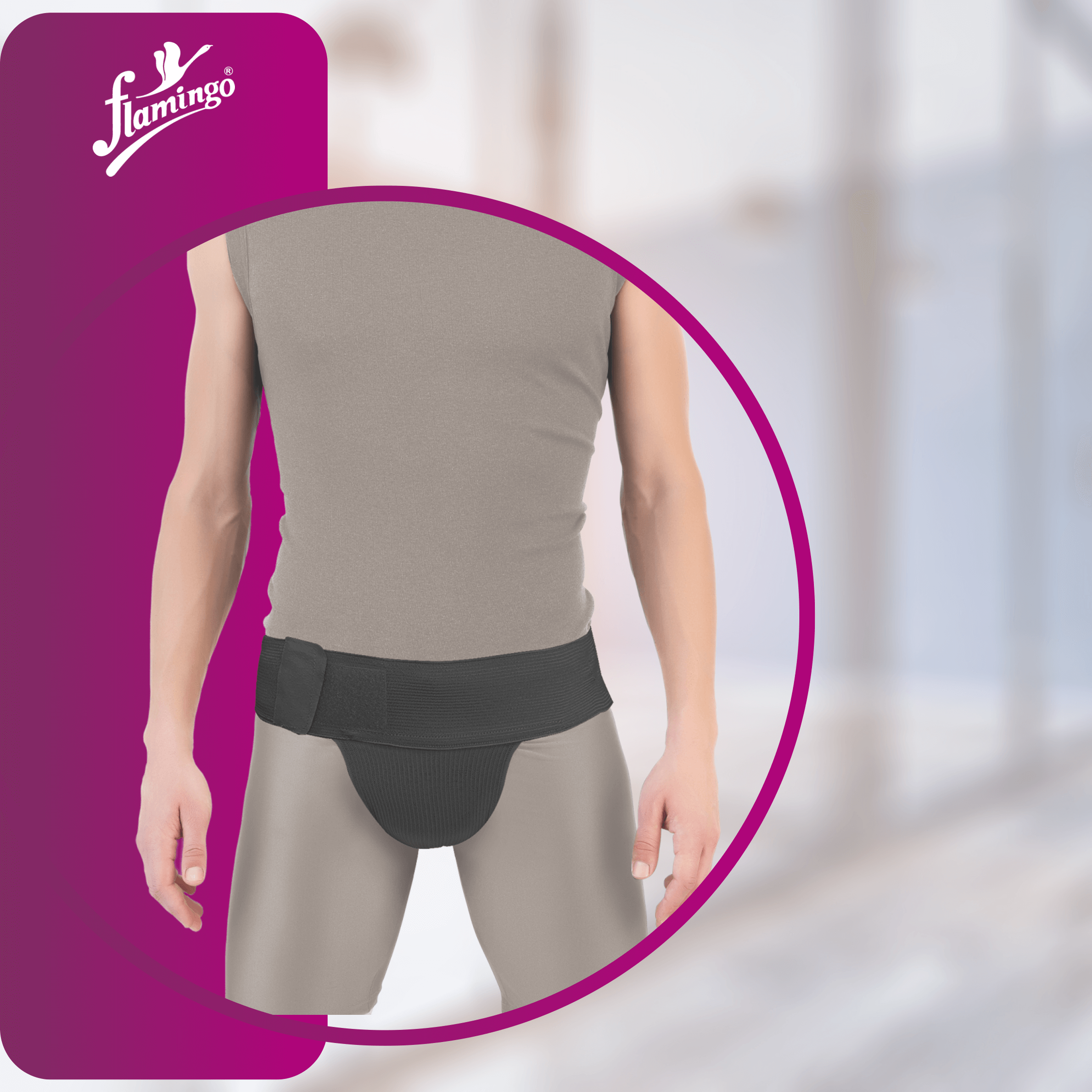 Flamingo Scrotal Support, scrotal support, post-surgery support, adjustable waistband support, cremaster muscle support.