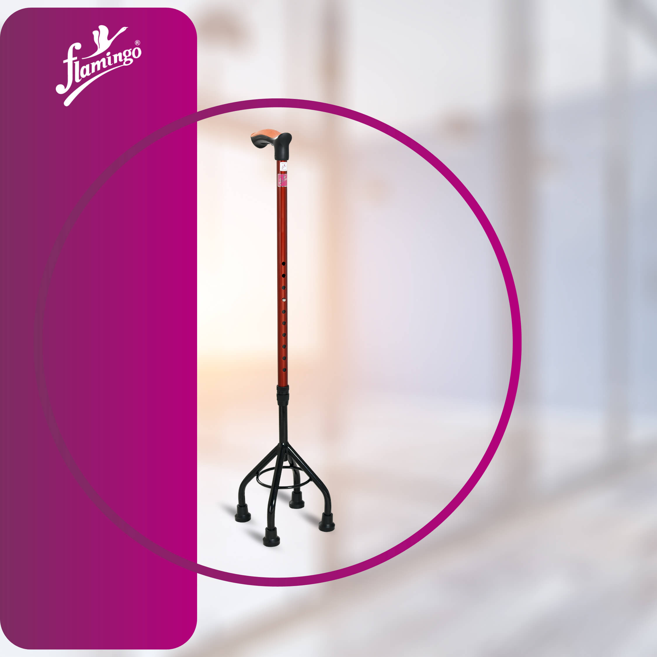 Quadripod walking stick
Walking stick for stability
Height adjustable cane
Ergonomic handle walking stick
Metal base walking stick
Rubber bottom walking stick
Walking aid with quad base