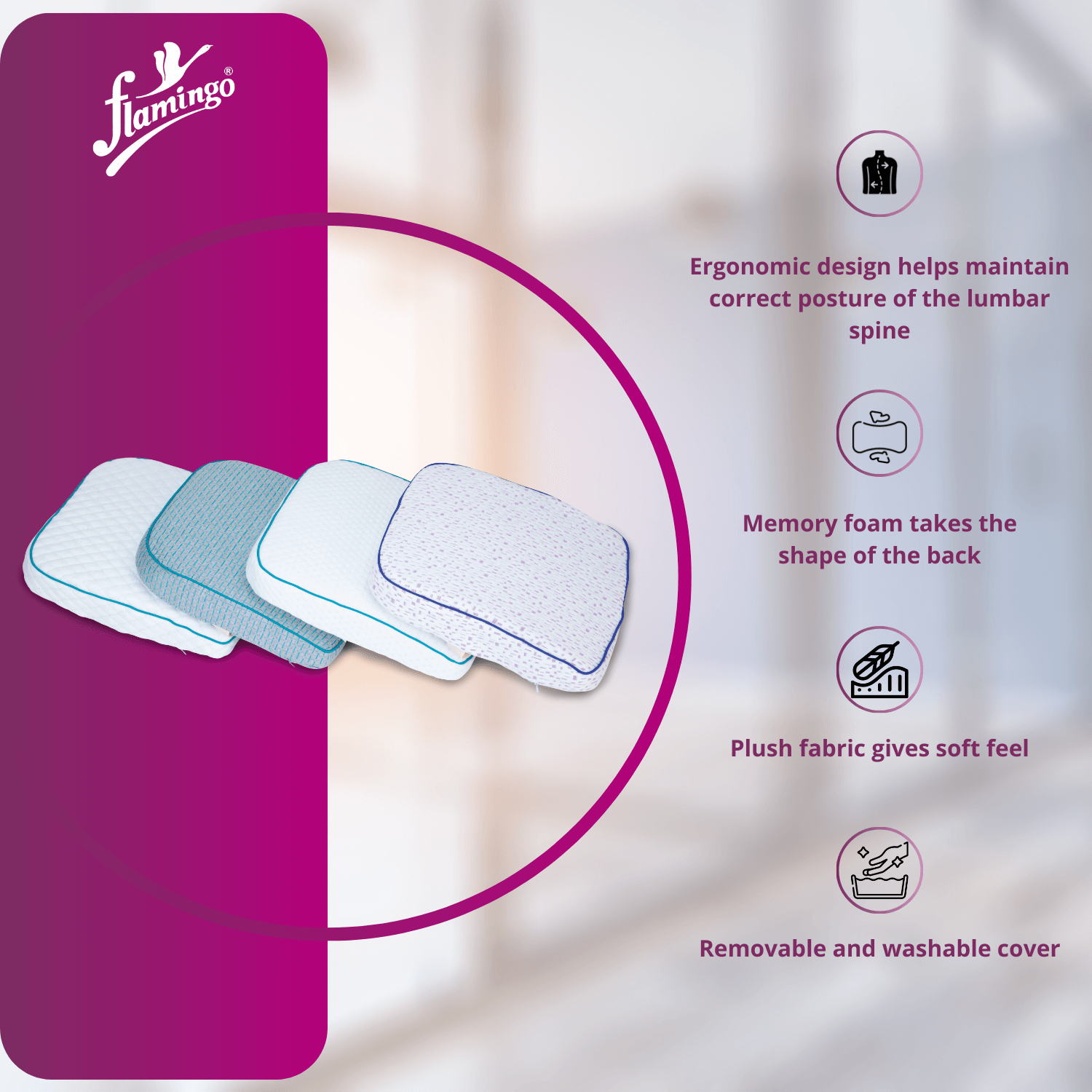 Flamingo Premium Memory Foam Back Rest, back support, memory foam back cushion, lumbar support pillow, ergonomic back rest, adjustable back rest, car seat back support.