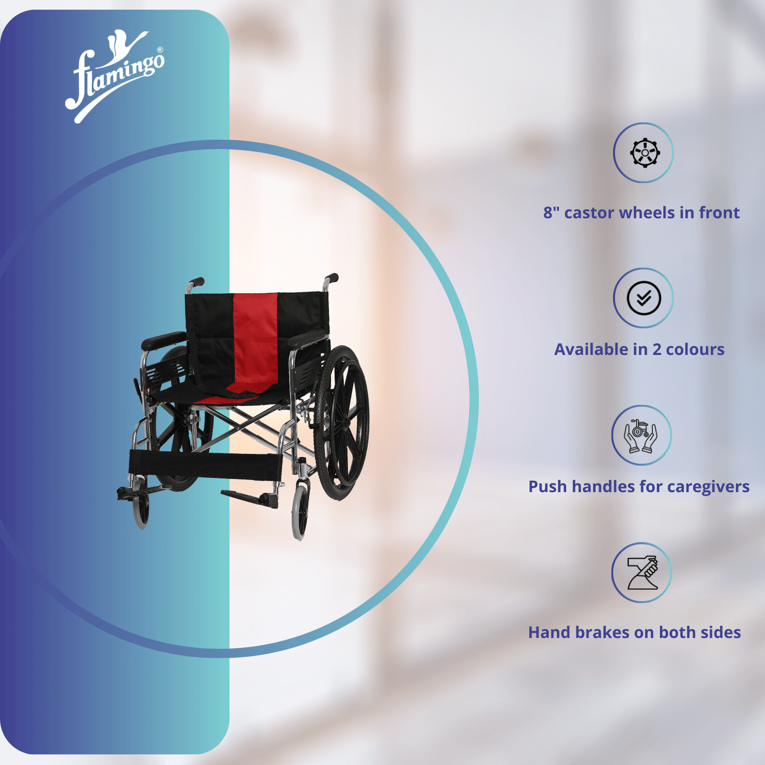 Premium manual wheelchair
Durable wheelchair
Ergonomic wheelchair
Wheelchair for comfort
Foldable footrests wheelchair
Aluminum wheelchair frame
Wheelchair with hand brakes