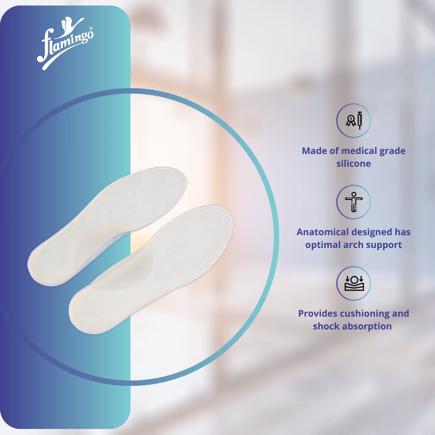 Flamingo Premium Silicone Medial Arch Insoles, flatfoot insoles, arch support insoles, silicone arch support, foot alignment insoles, ankle support insoles, customizable insoles.