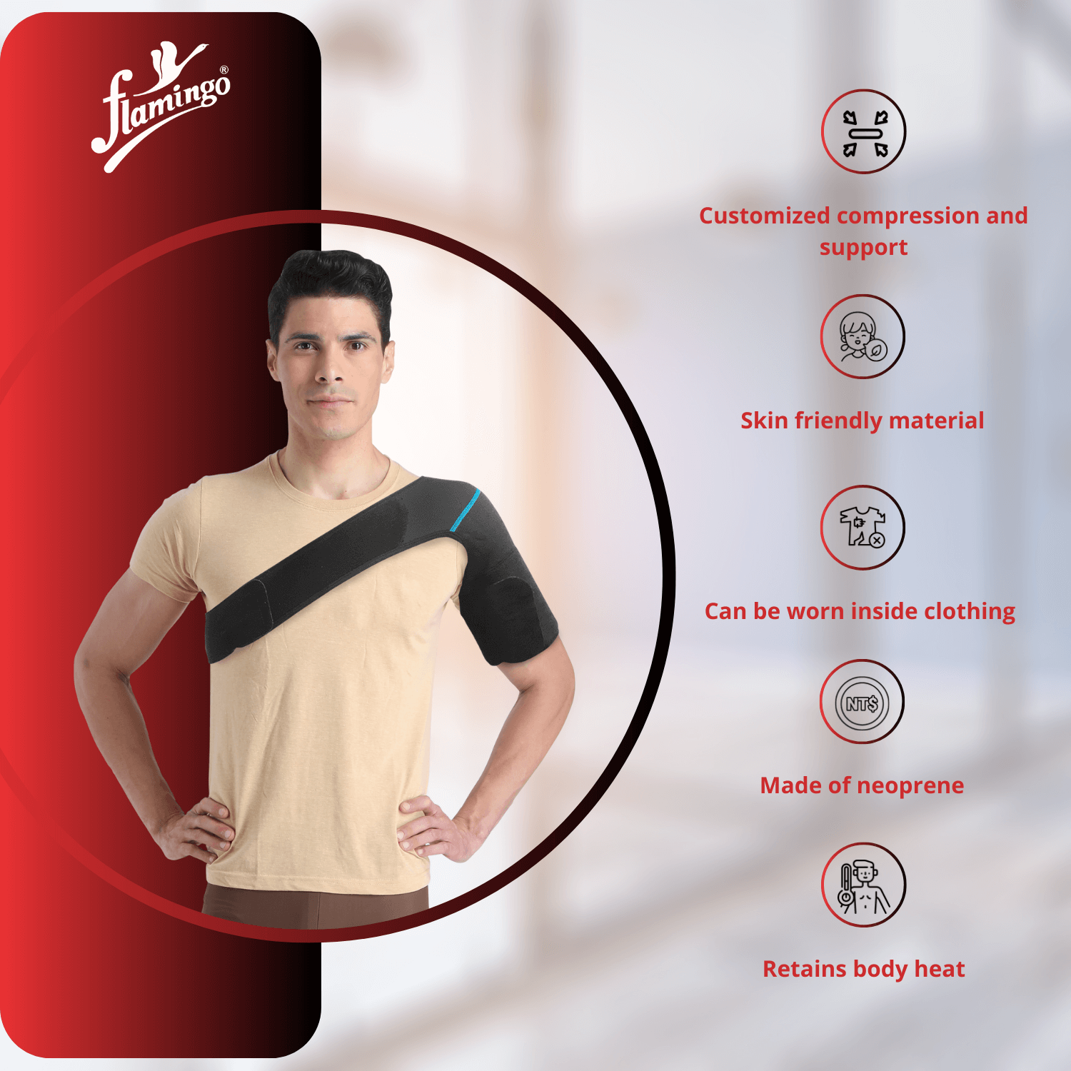 Flamingo Neoprene Shoulder Support, rotator cuff support, shoulder brace, post-surgery shoulder support, shoulder instability relief.