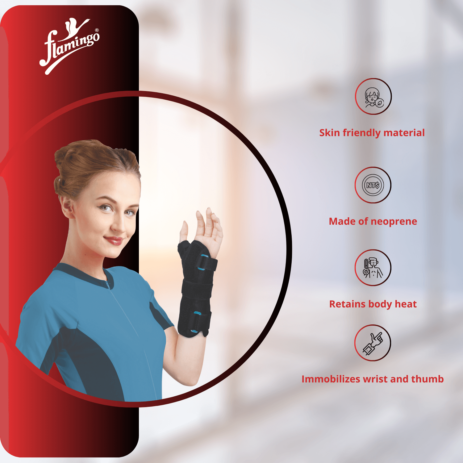 Flamingo Neoprene Wrist Thumb Abduction Brace, carpal tunnel support, De Quervain tenosynovitis, thumb injury brace, wrist and thumb support, neoprene wrist brace, adjustable wrist brace.