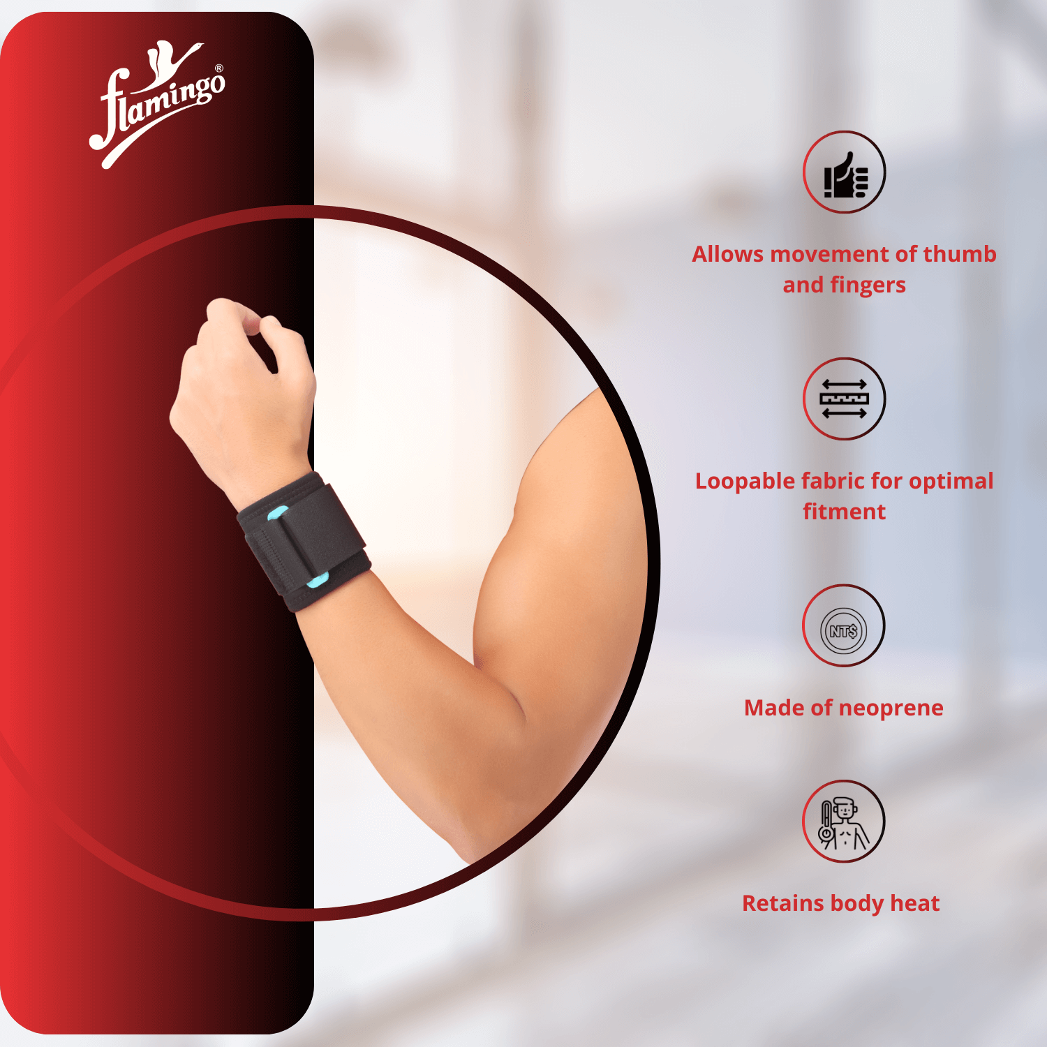 Flamingo Neoprene Wrist Wrap, wrist sprain support, mild wrist injury support, adjustable wrist brace, neoprene wrist wrap, breathable wrist support, customizable wrist wrap.