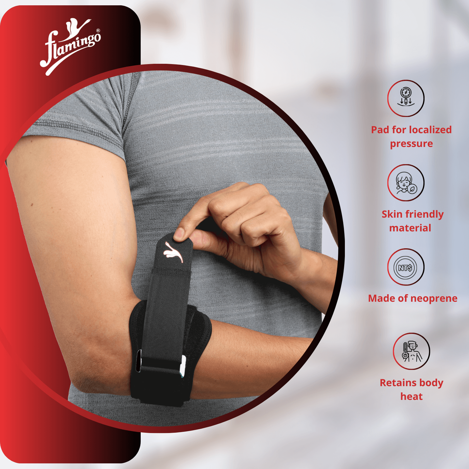 Flamingo Neoprene Tennis Elbow Support, tennis elbow relief, golfer's elbow brace, elbow compression support, elbow pain relief, adjustable elbow brace.