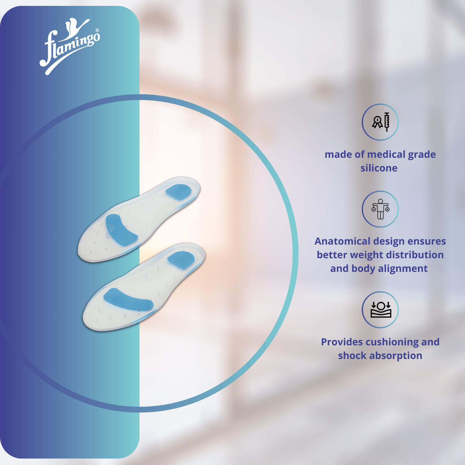 Flamingo Premium Silicone Foot Care Insoles, foot care insoles, metatarsalgia insoles, diabetic foot insoles, shock-absorbing insoles, foot support insoles, customizable insoles.
