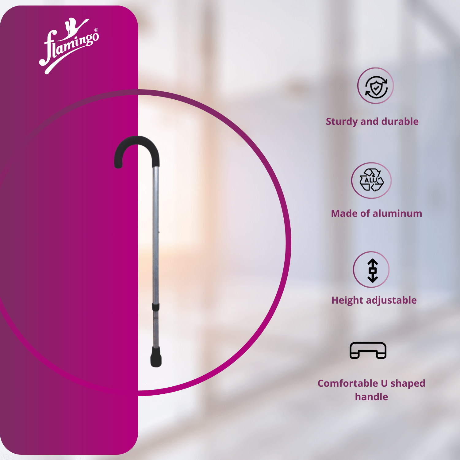 U-shaped walking stick
Adjustable height walking stick
Walking cane with U-shaped handle
Comfortable walking stick
Rubber bottom pod stick
Lightweight aluminum walking cane
Space-saving walking aid