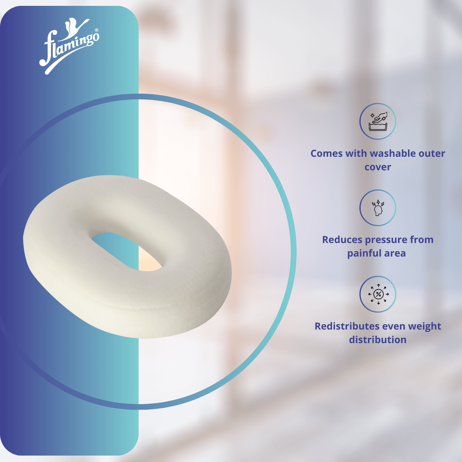 Flamingo Ring Cushion, hemorrhoid cushion, post-surgery cushion, seating comfort cushion, tailbone pain relief cushion, PU foam cushion.