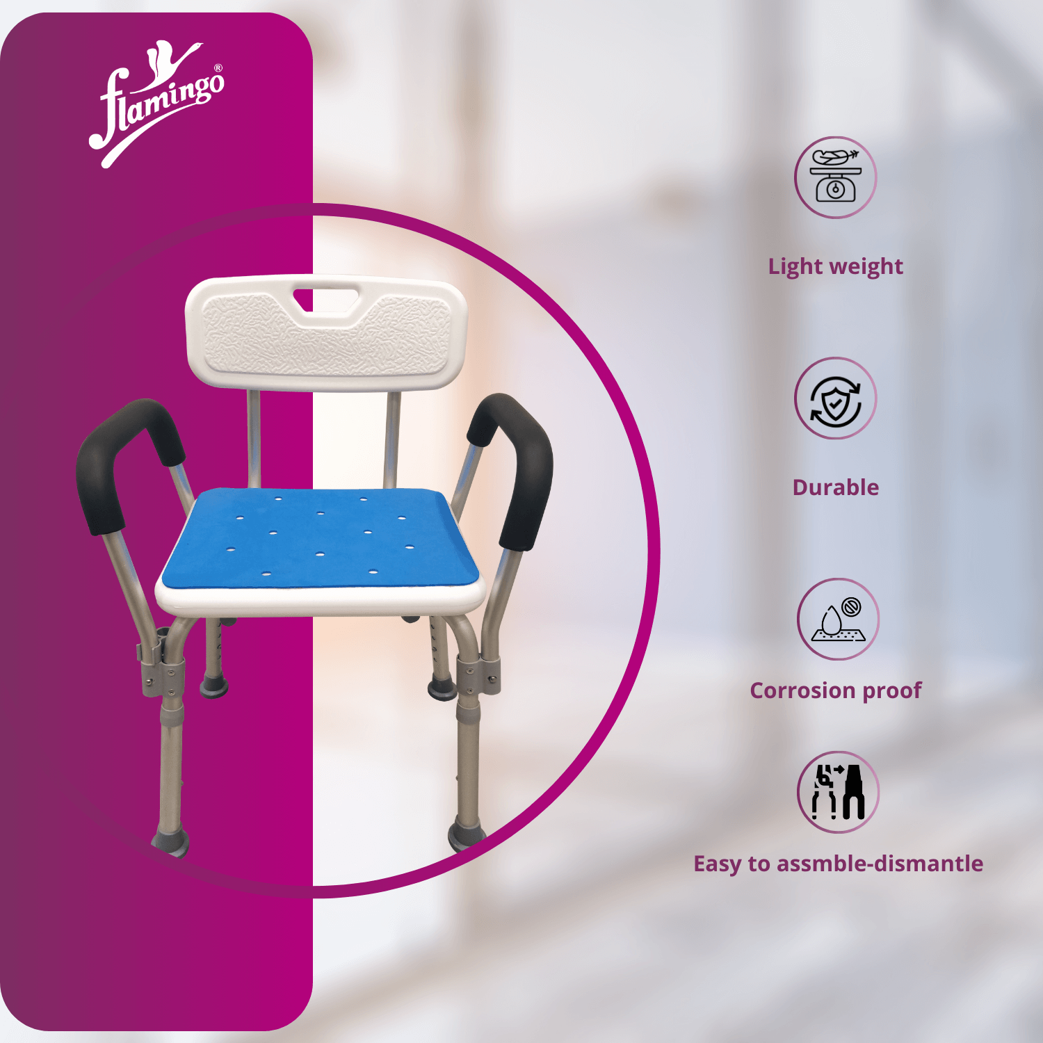 Shower chair with rails
Shower stool with backrest
Height adjustable shower chair
Shower seat for elderly
Bathroom chair with anti-slip feet
Shower stool for seniors
Corrosion-resistant shower chair