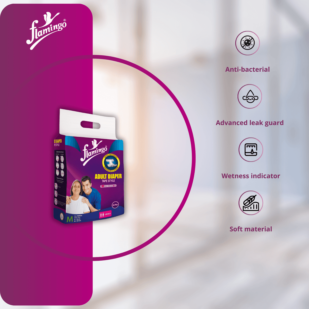 Tape style adult diapers, adjustable fit diaper, leak protection for adults, incontinence care, wetness indicator diaper, dual-core absorption
