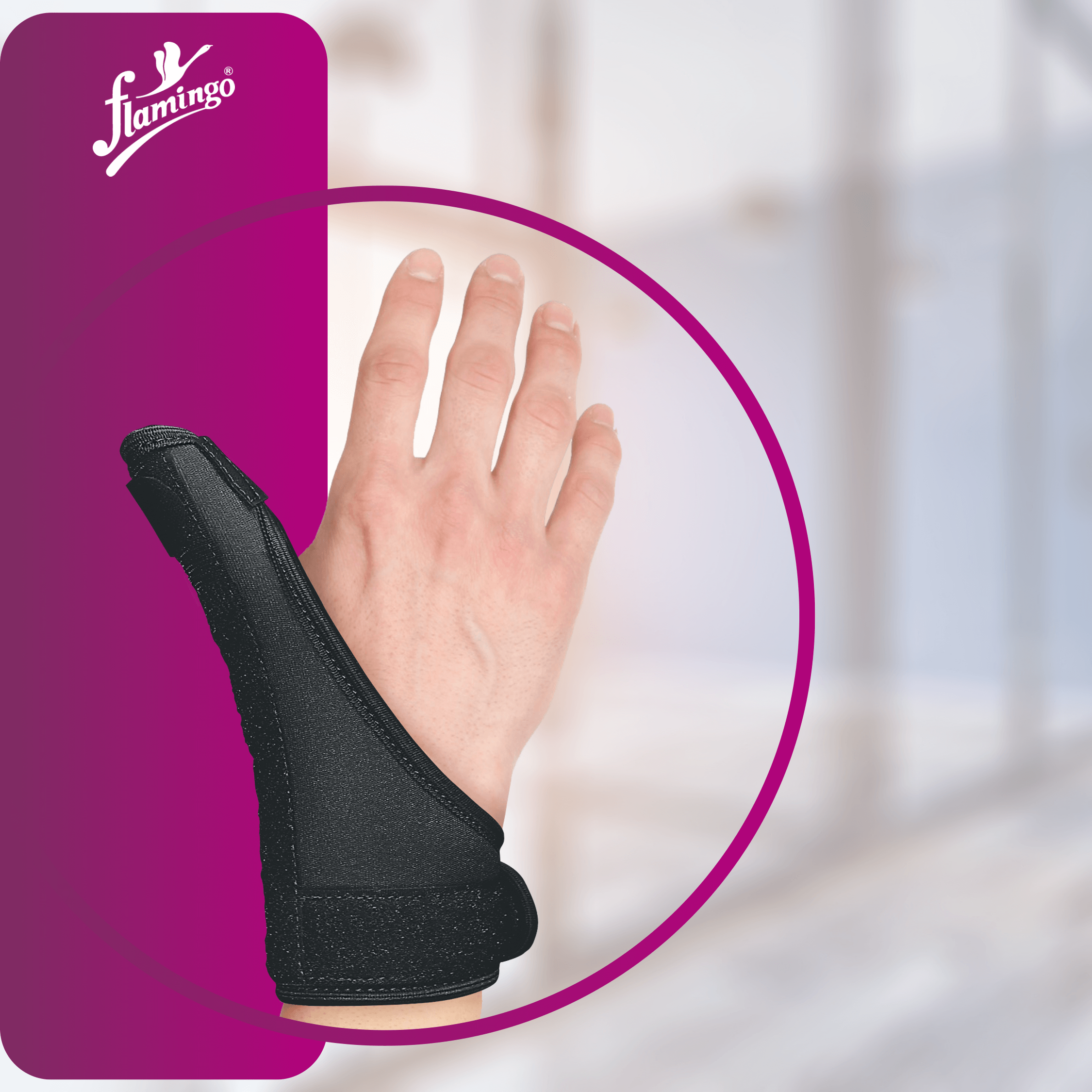 Flamingo Thumb Spica Splint, thumb injury support, gamekeeper's thumb splint, De Quervain's disease splint, immobilizing thumb brace, adjustable thumb splint.
