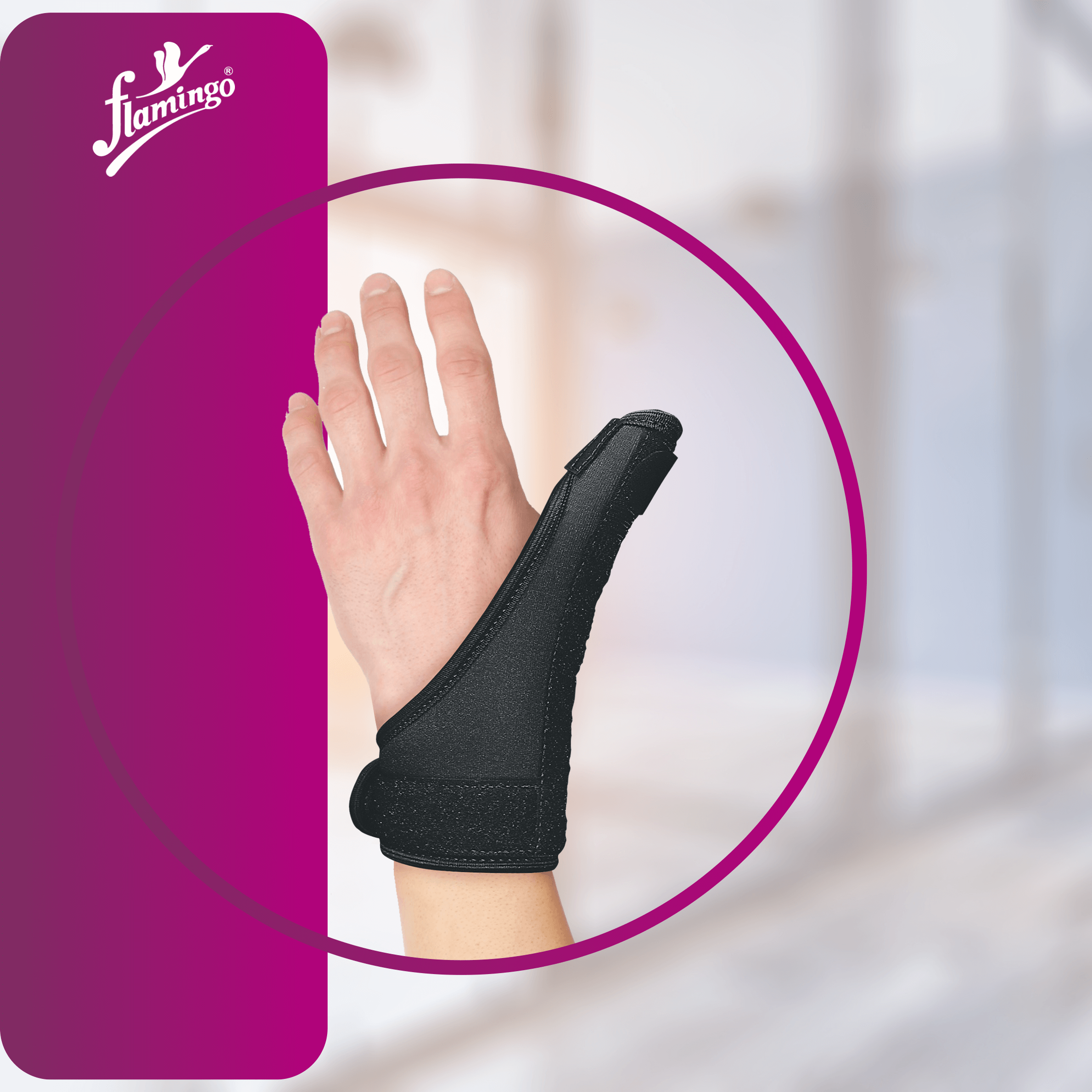 Flamingo Thumb Spica Splint, thumb injury support, gamekeeper's thumb splint, De Quervain's disease splint, immobilizing thumb brace, adjustable thumb splint.
