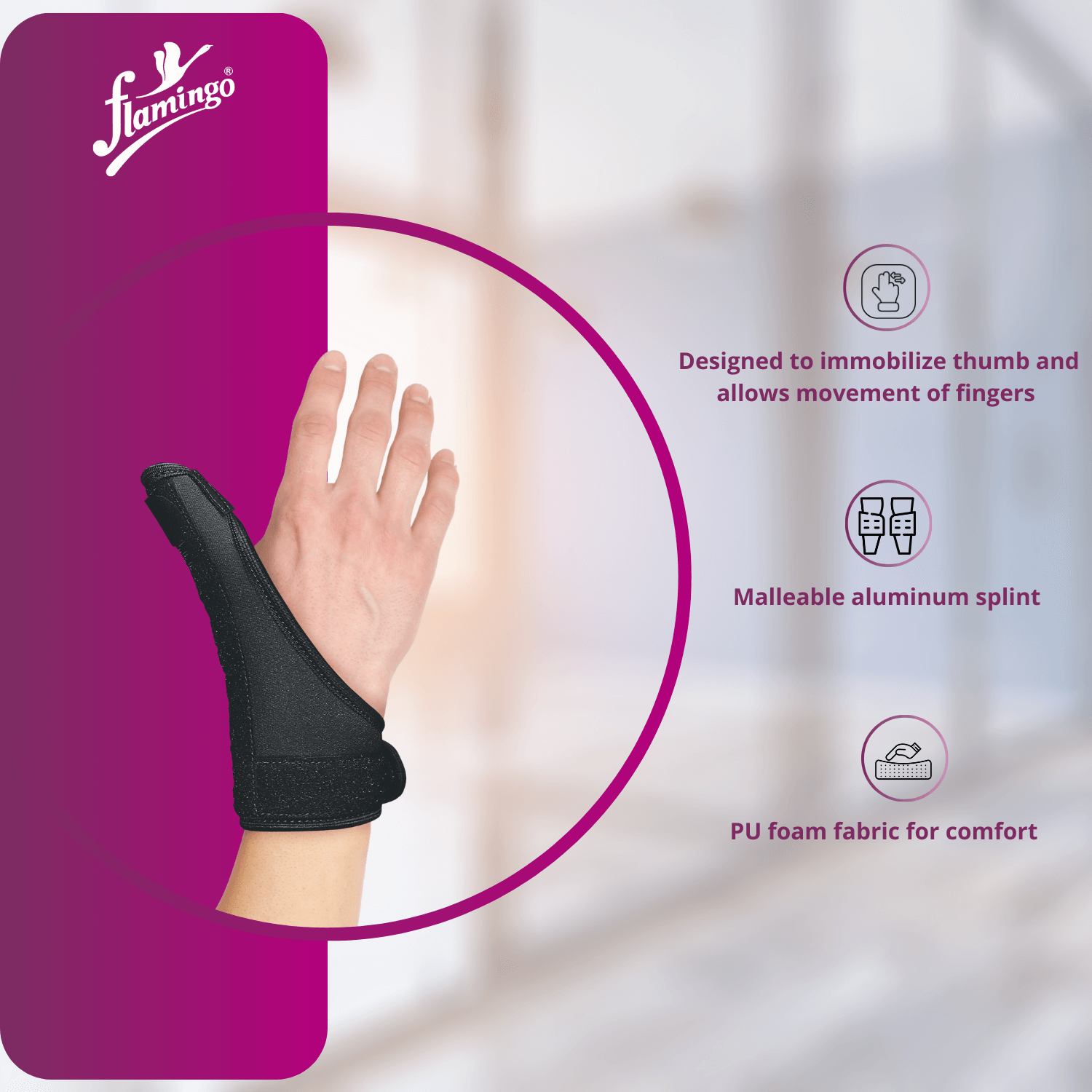 Flamingo Thumb Spica Splint, thumb injury support, gamekeeper's thumb splint, De Quervain's disease splint, immobilizing thumb brace, adjustable thumb splint.
