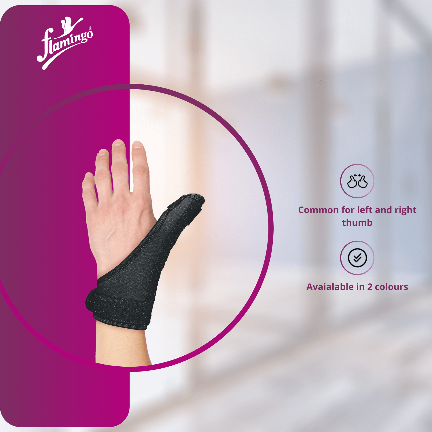Flamingo Thumb Spica Splint, thumb injury support, gamekeeper's thumb splint, De Quervain's disease splint, immobilizing thumb brace, adjustable thumb splint.
