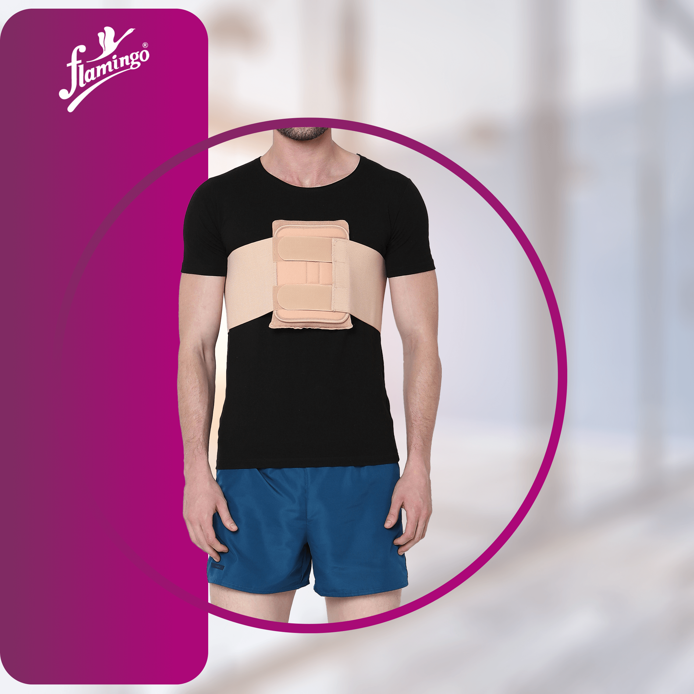 Flamingo Sternal Splint, sternum support, rib cage management, post-surgical recovery splint, soft foam chest wrap, adjustable sternum splint.

