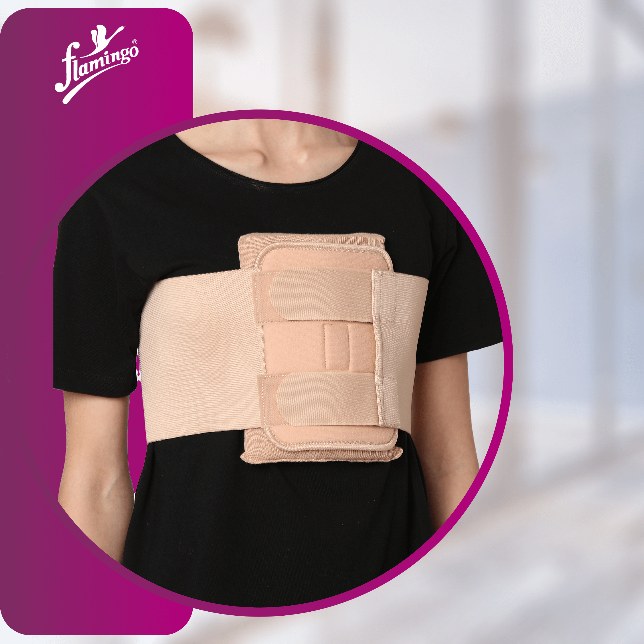 Flamingo Sternal Splint, sternum support, rib cage management, post-surgical recovery splint, soft foam chest wrap, adjustable sternum splint.

