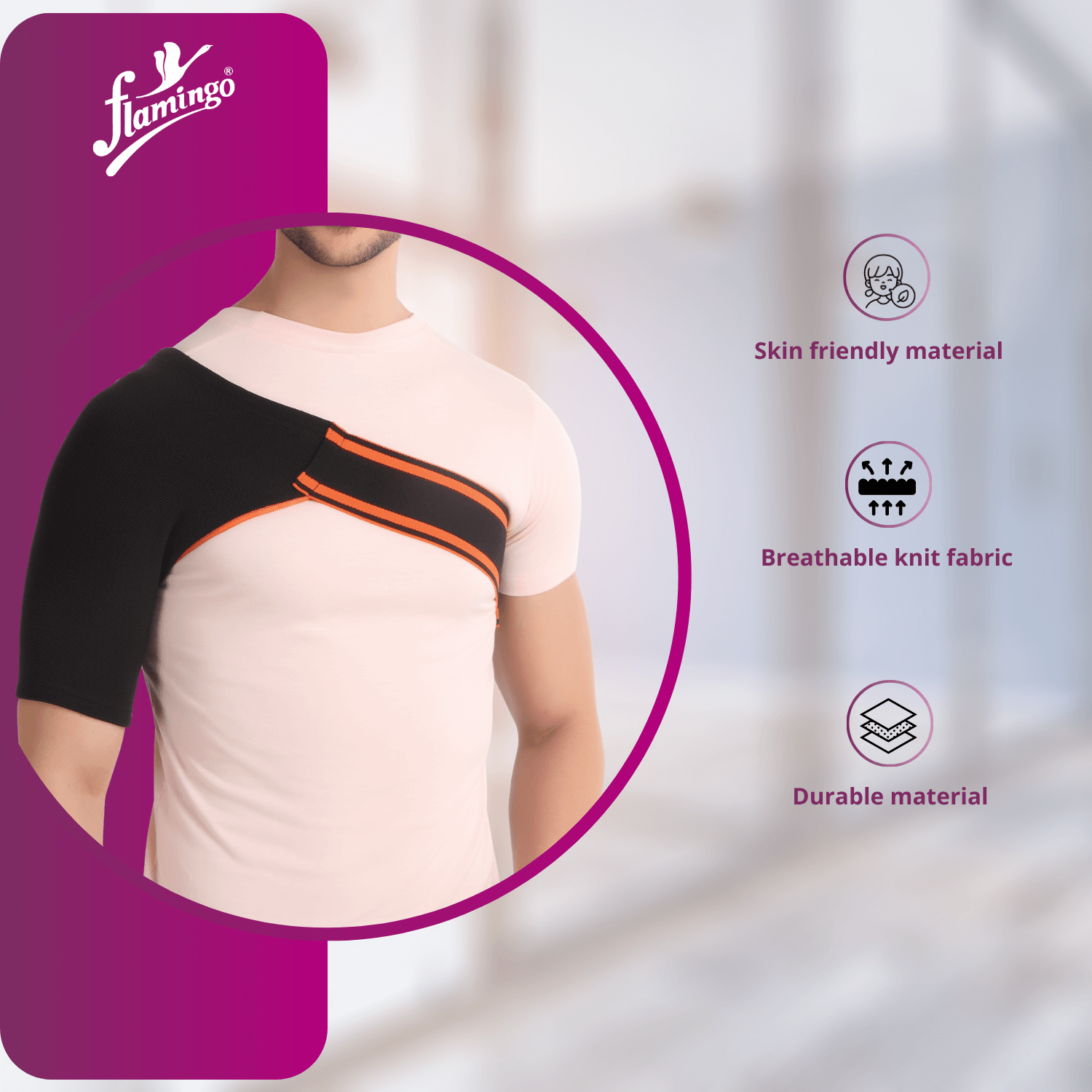 Flamingo Shoulder Support, shoulder brace, rotator cuff support, post-surgery shoulder support, shoulder instability relief.
