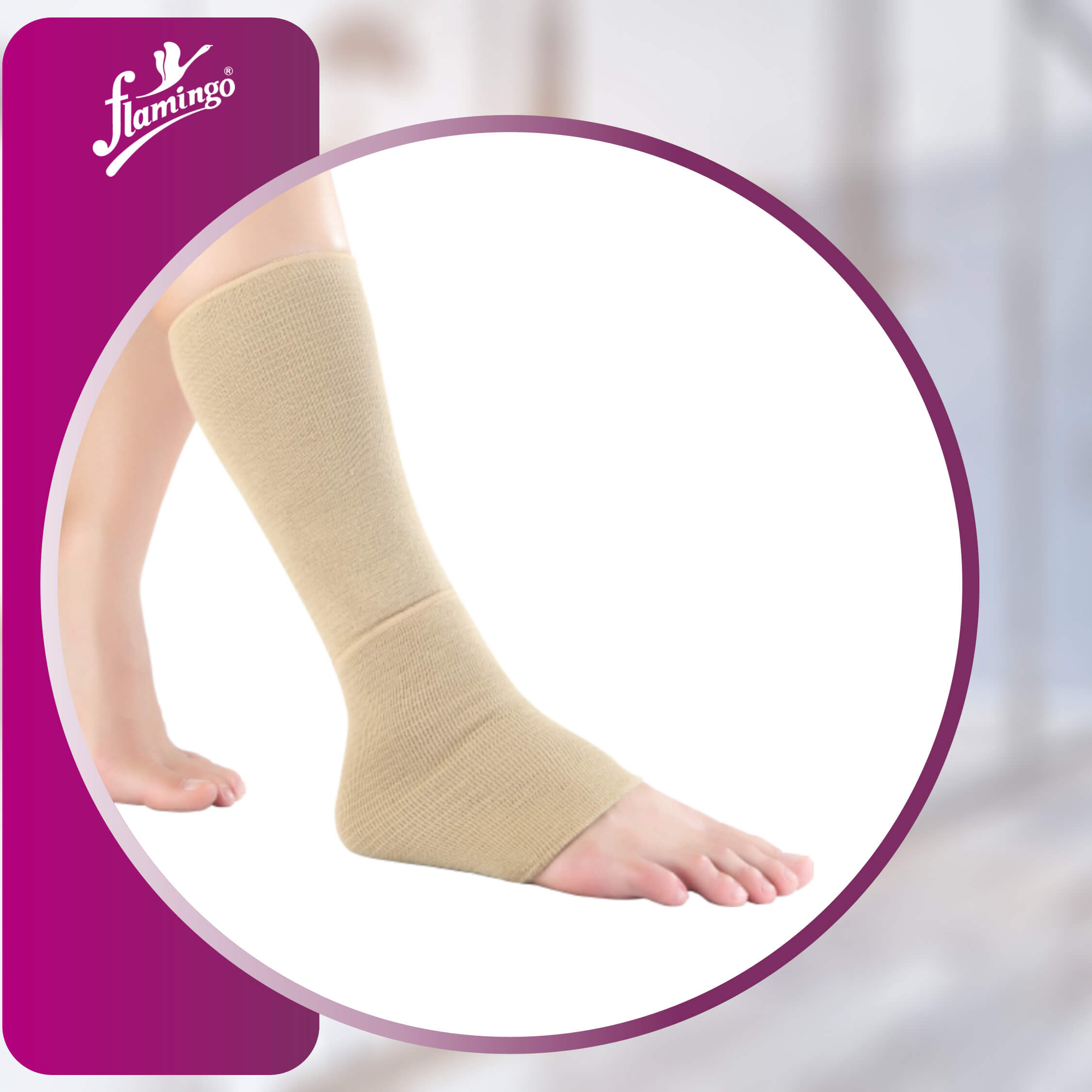 Flamingo Tubular Support Below Knee, leg compression, varicose veins, injury recovery, open toe knee support, mild knee support, breathable knee compression.
