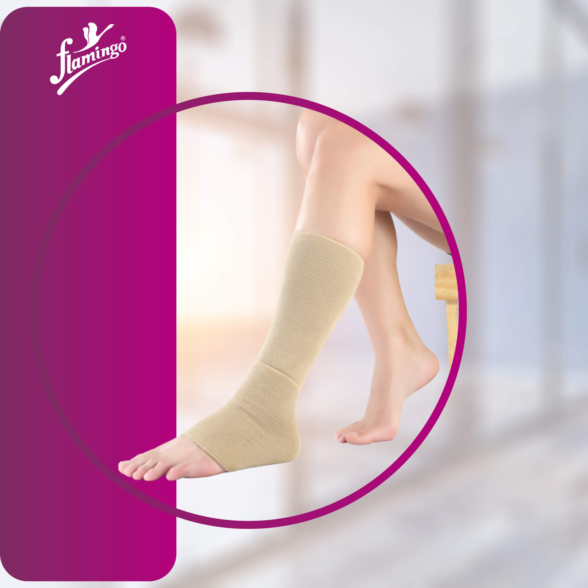 Flamingo Tubular Support Below Knee, leg compression, varicose veins, injury recovery, open toe knee support, mild knee support, breathable knee compression.
