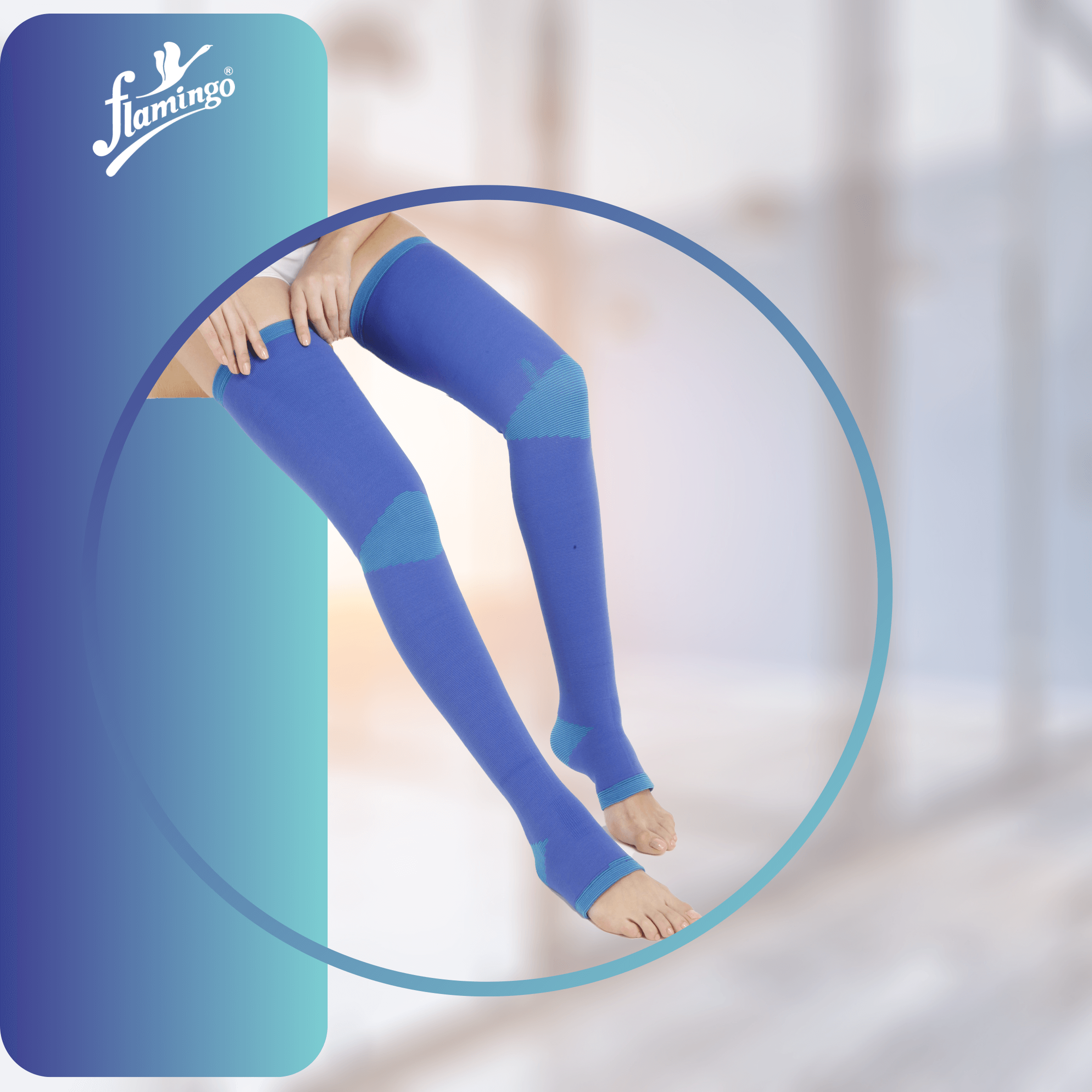 Flamingo Varicose Vein Stockings, compression stockings, leg swelling relief, varicose veins, tired legs, breathable stockings, open toe design, daily wear support.
